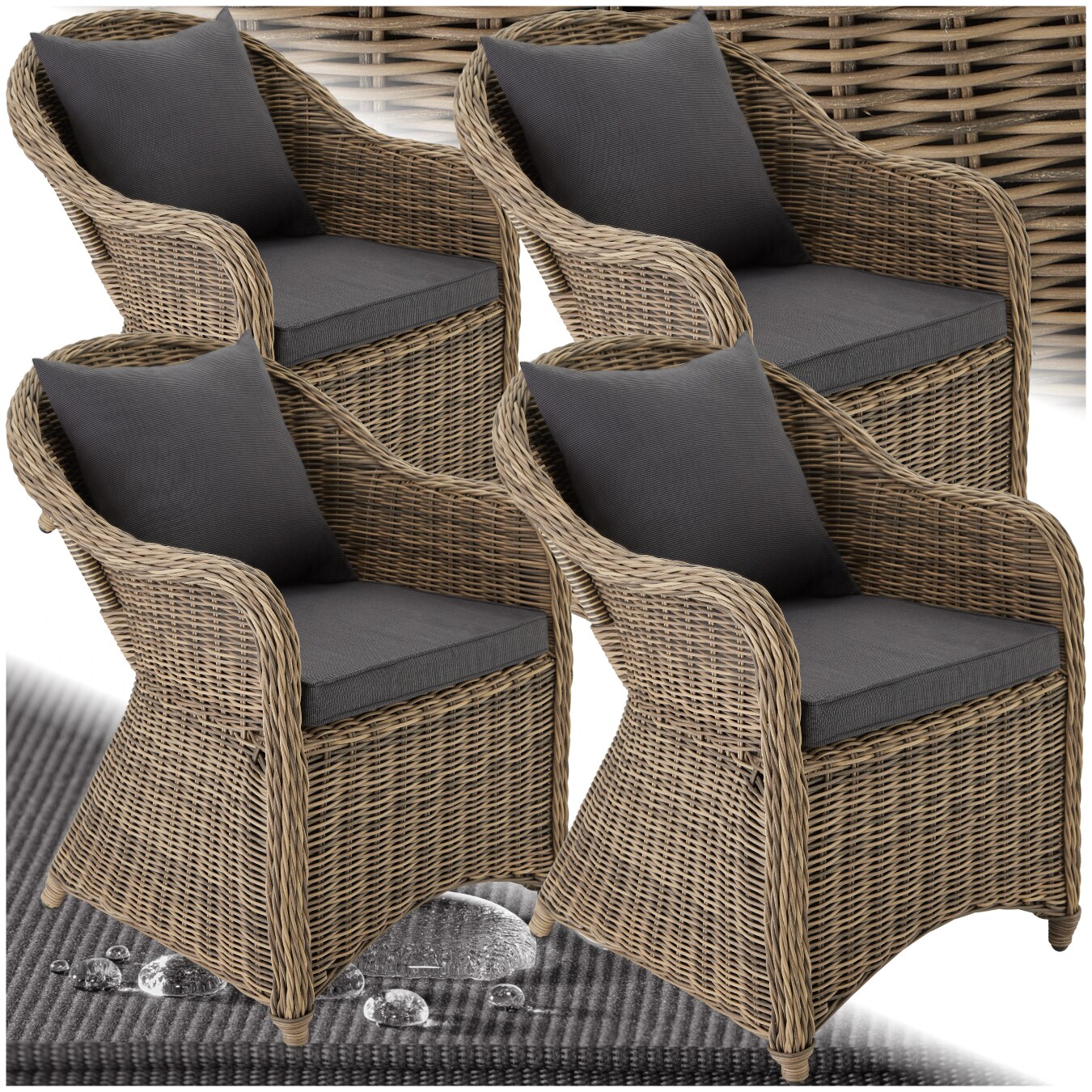 tectake® 4er Set Rattansessel, mit Aluminiumgestell, natürlich nachempfundenes Geflecht, 71 x 60 x 84 cm