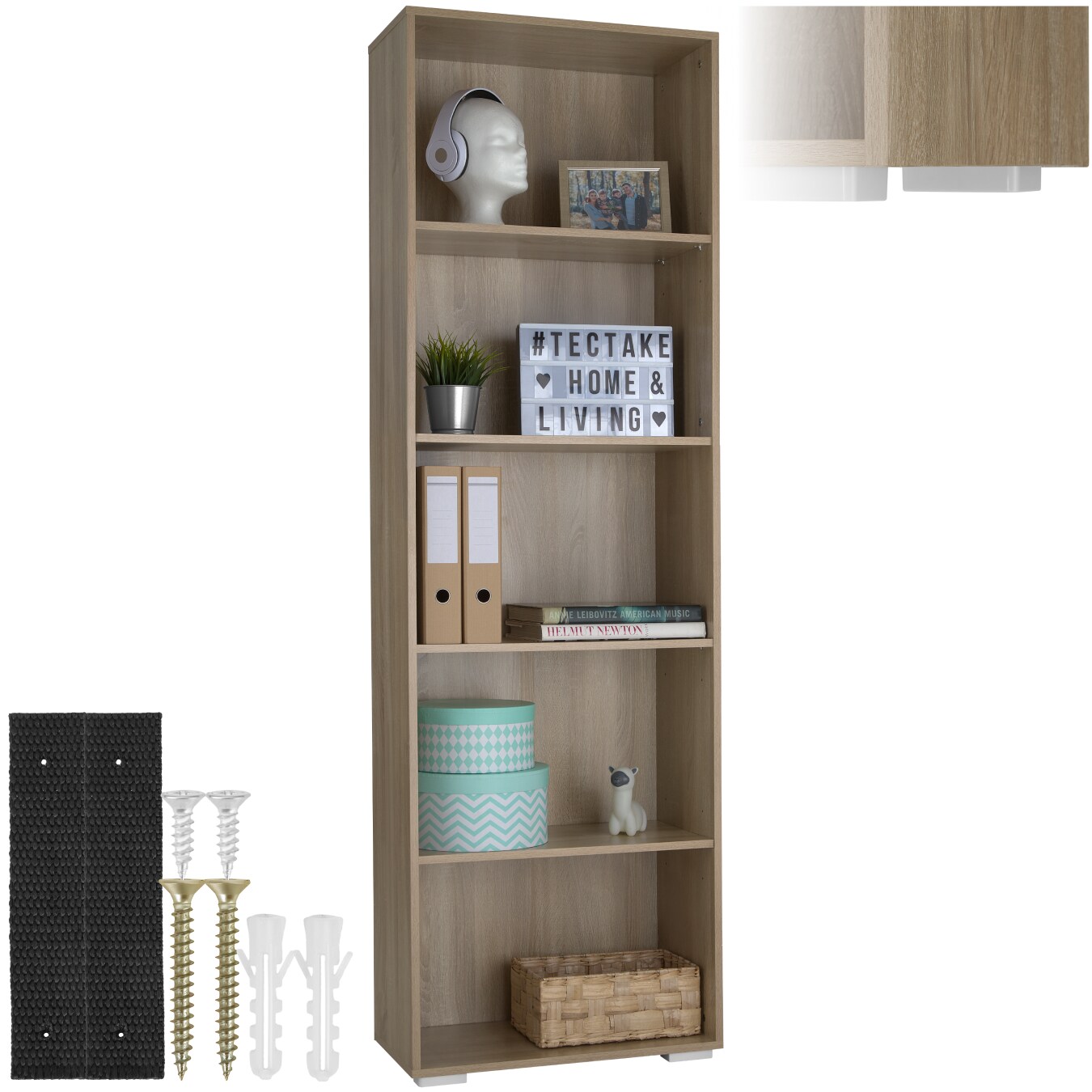 tectake® Bücherregal, MDF, bodenschonende Kunststofffüße, 60 x 30 x 190 cm