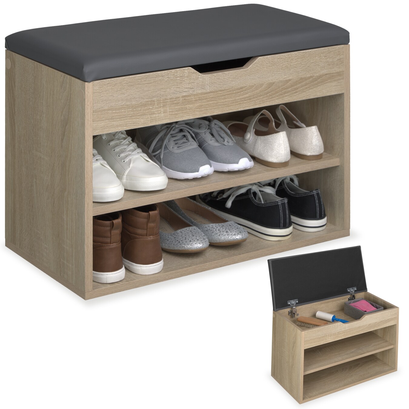 tectake® Schuhbank, für 6 Paar Schuhe, großes Klappfach, 60 x 30 x 43,5 cm
