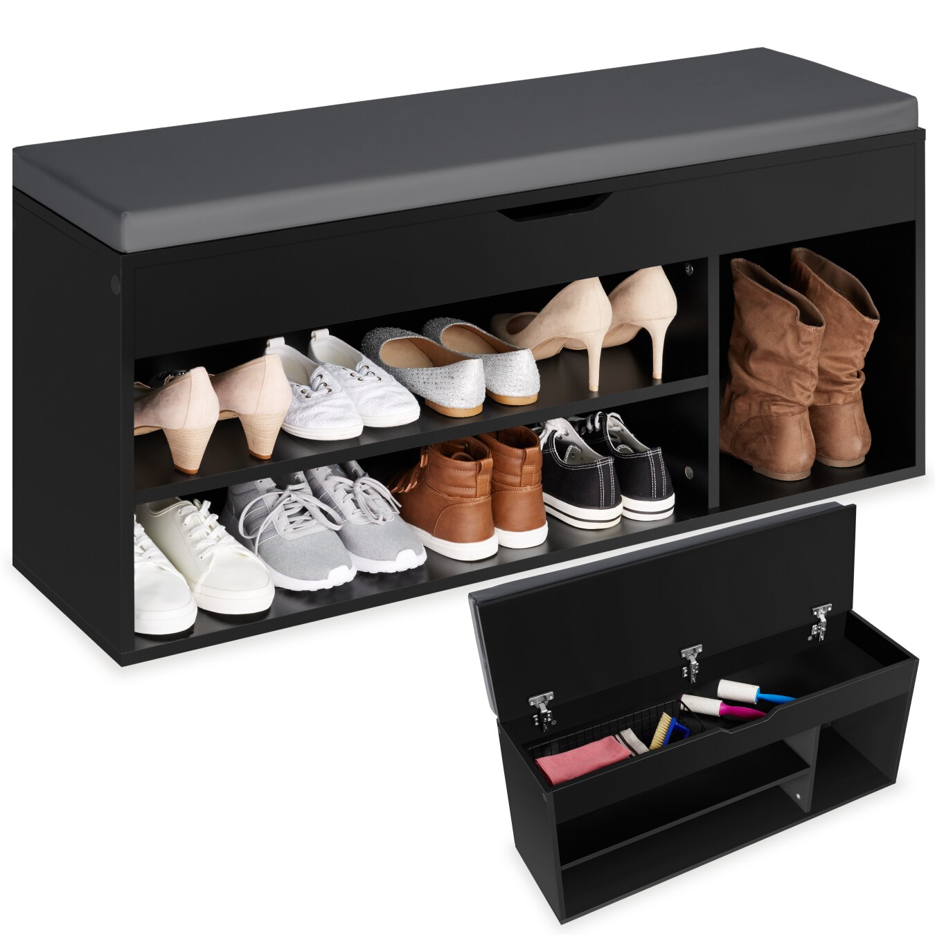 tectake® Schuhbank, für 9 Paar Schuhe, großes Klappfach, 104 x 30 x 49 cm