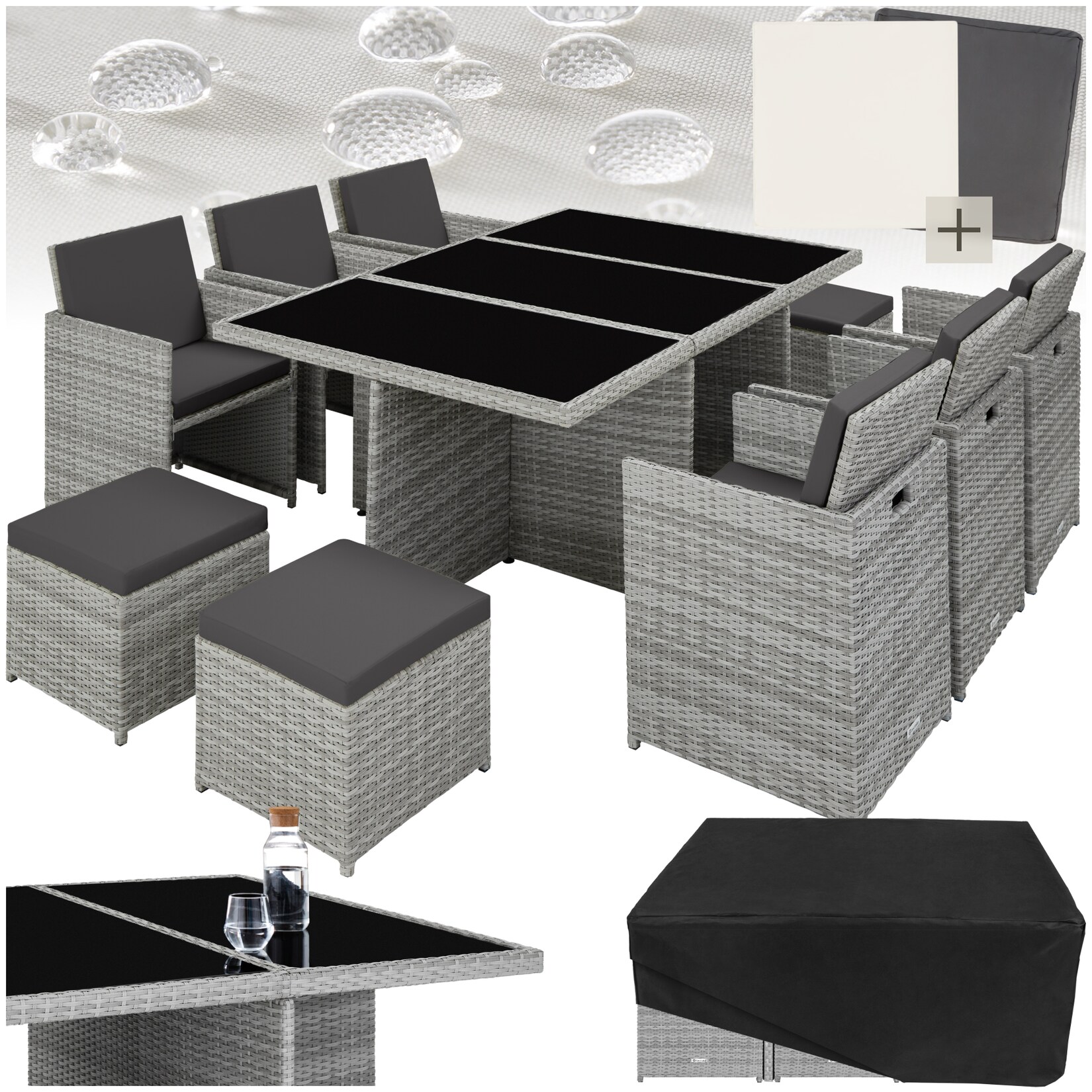 tectake® Rattan Sitzgruppe, mit Aluminiumgestell, wetterfest und UV-beständig, 2 Bezugssets, zusammenschiebbar, inklusive Schutzhülle | 04061173115867