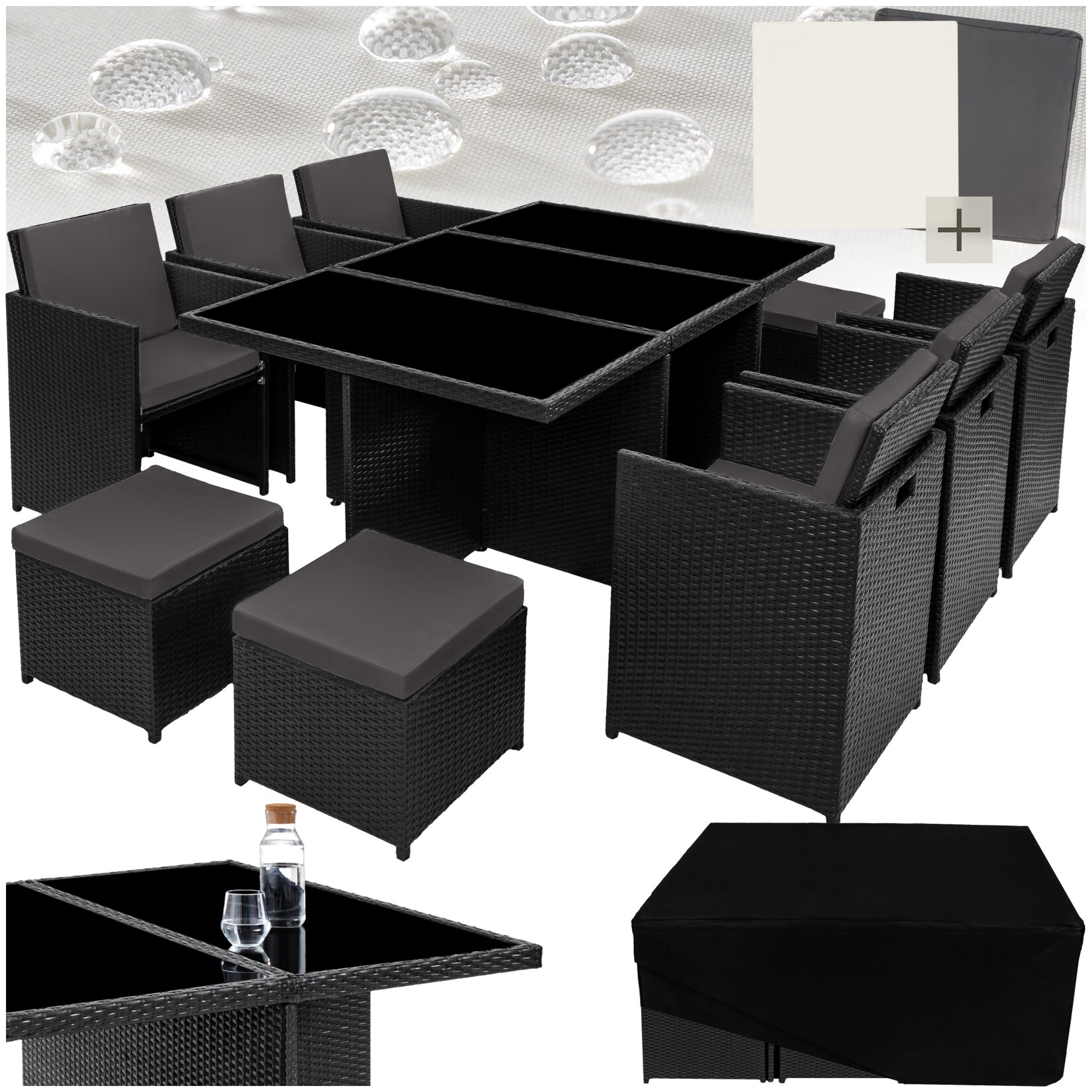 tectake® Rattan Sitzgruppe, mit Aluminiumgestell, wetterfest und UV-beständig, 2 Bezugssets, zusammenschiebbar, inklusive Schutzhülle
