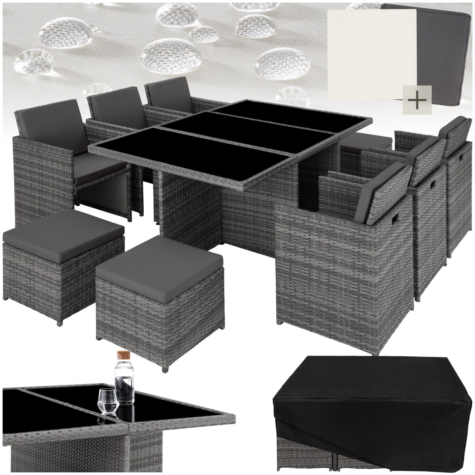 tectake® Rattan Sitzgruppe, mit Aluminiumgestell, wetterfest und UV-beständig, 2 Bezugssets, zusammenschiebbar, inklusive Schutzhülle