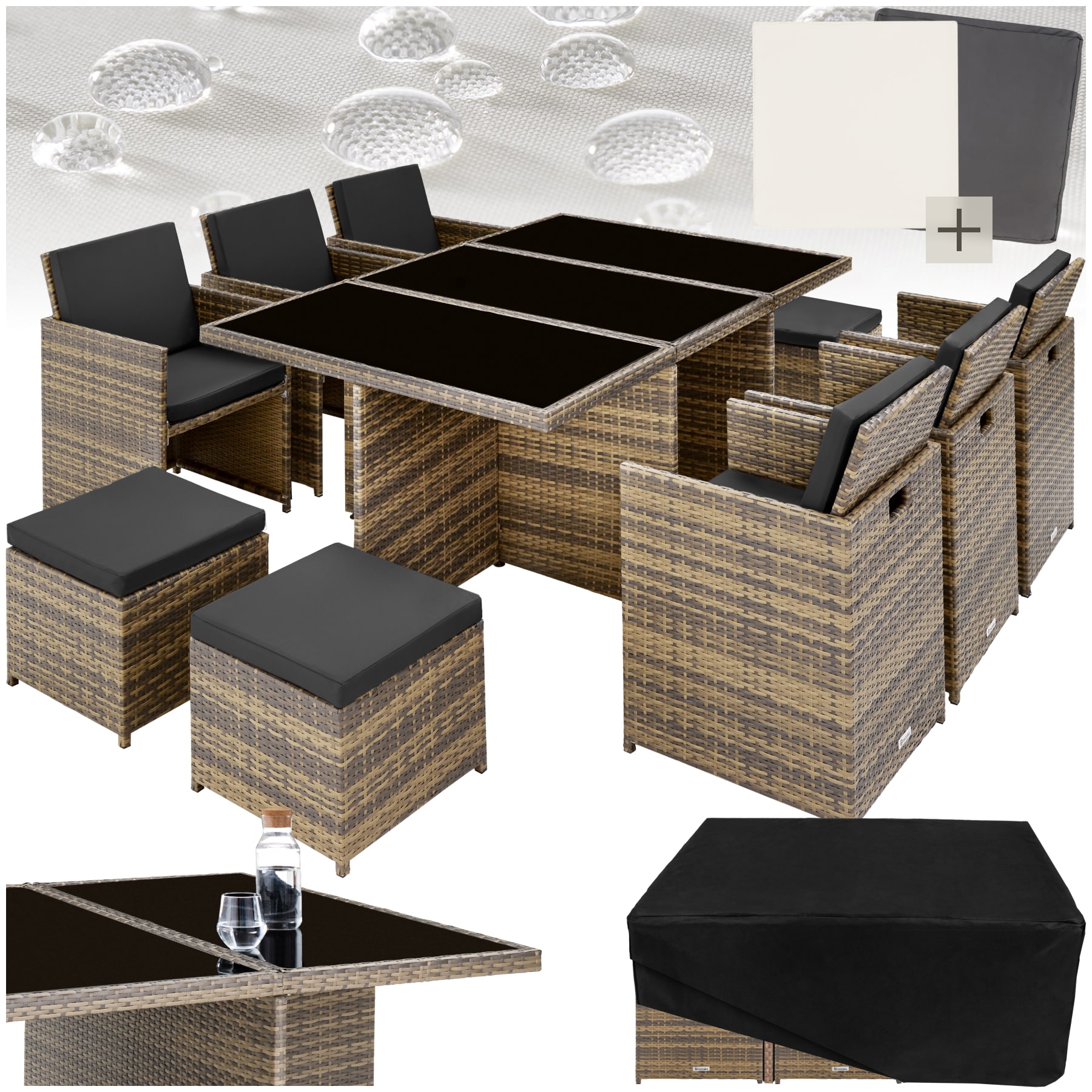 tectake&reg; Aluminium Rattan Sitzgruppe, wetterfest und UV-best&auml;ndig, f&uuml;r 6 bis 10 Personen, zusammenschiebbar, inklusive Schutzh&uuml;lle - Bild 1