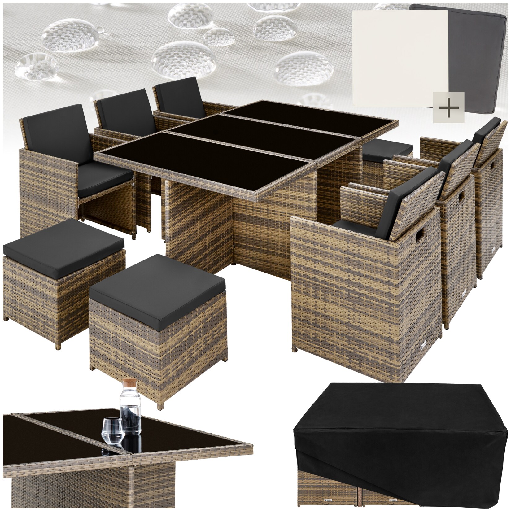 tectake® Rattan Sitzgruppe, mit Aluminiumgestell, wetterfest und UV-beständig, 2 Bezugssets, zusammenschiebbar, inklusive Schutzhülle