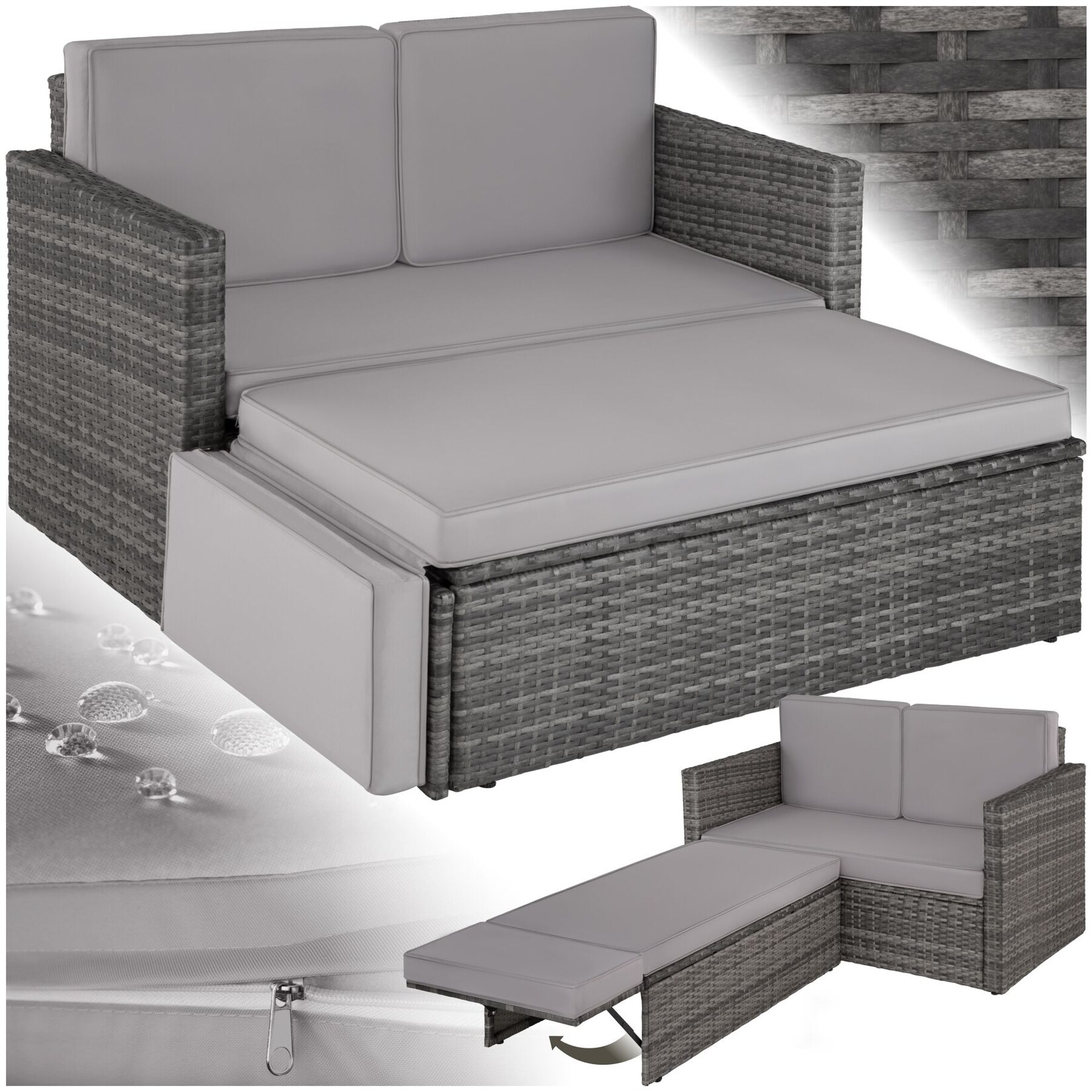 tectake® Rattan Lounge, 2-Sitzer, UV-beständig, Hocker mit klappbarer Stütze