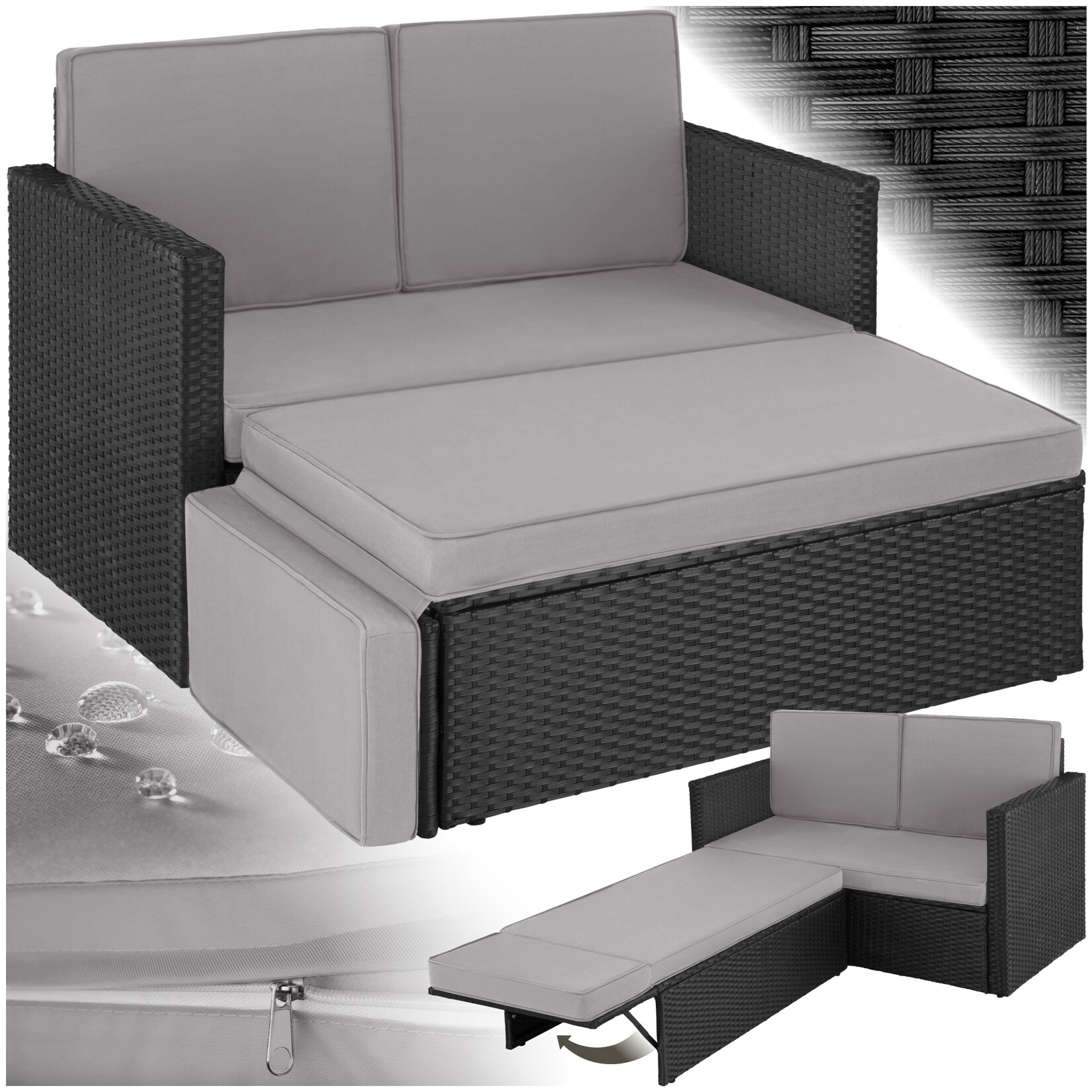 tectake® Rattan Lounge, 2-Sitzer, UV-beständig, Hocker mit klappbarer Stütze
