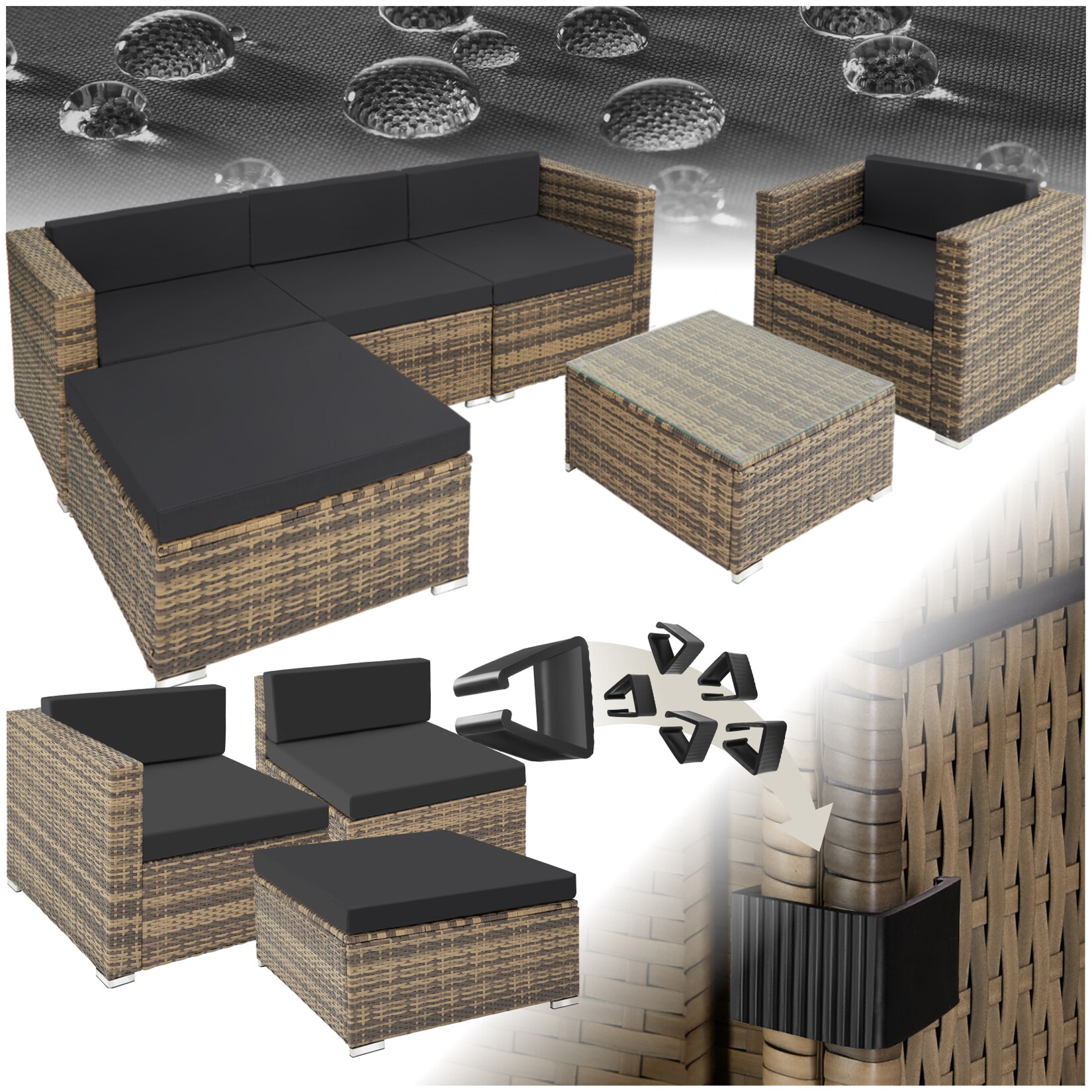 tectake® Rattan Lounge, für 4 bis 5 Personen, UV-beständig, mit Sicherheitsglasplatte