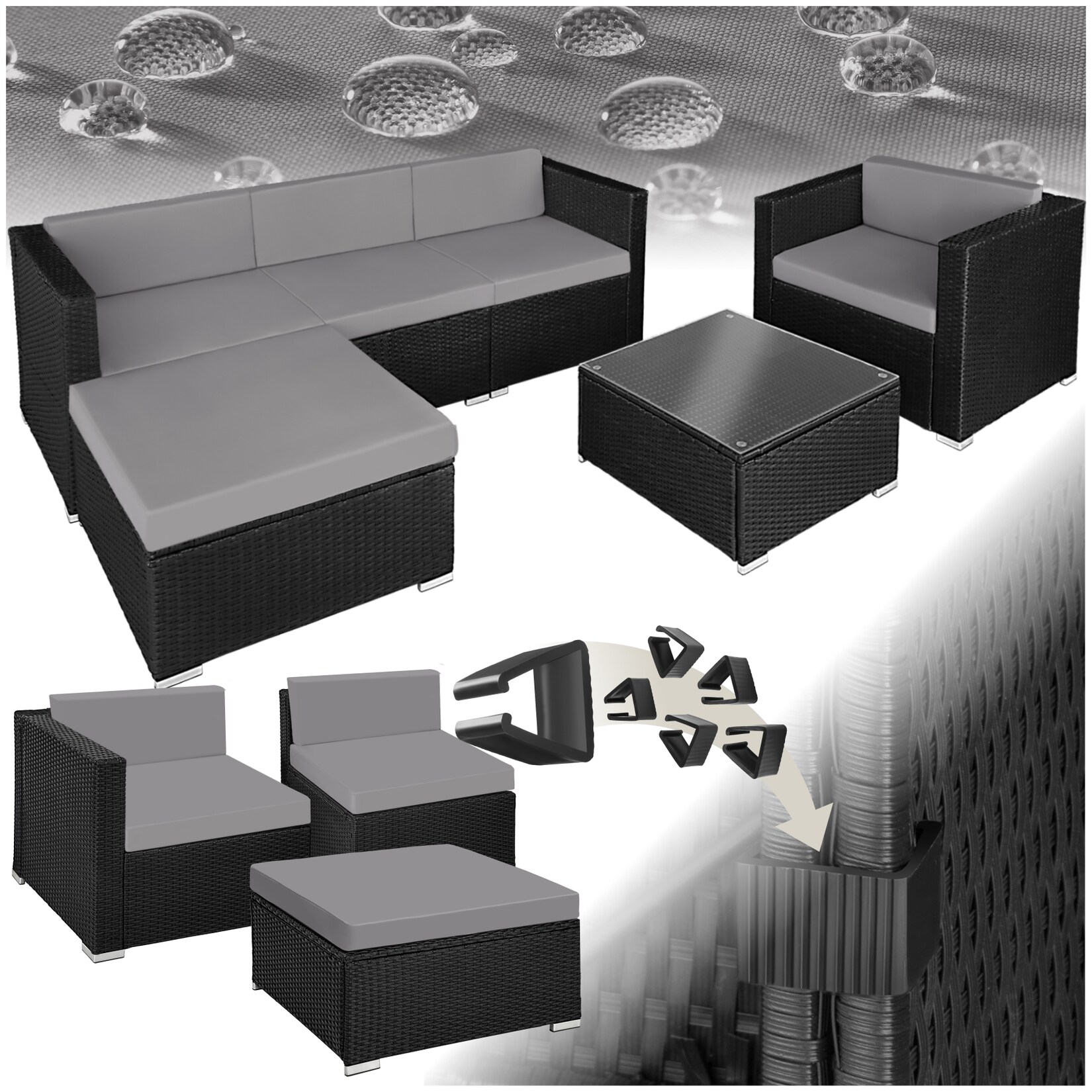 tectake® Rattan Lounge, für 4 bis 5 Personen, UV-beständig, mit Sicherheitsglasplatte | 04061173206312