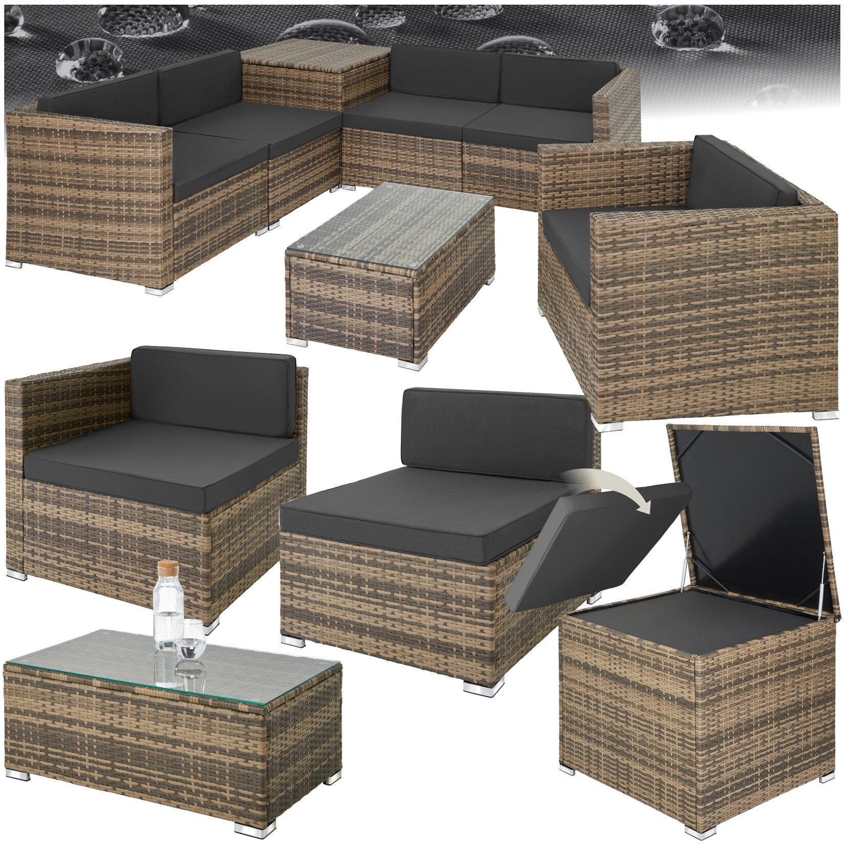 tectake® Rattan Lounge, für 5 Personen, Dicke der Polster 8 cm, inklusive großer Aufbewahrungsbox