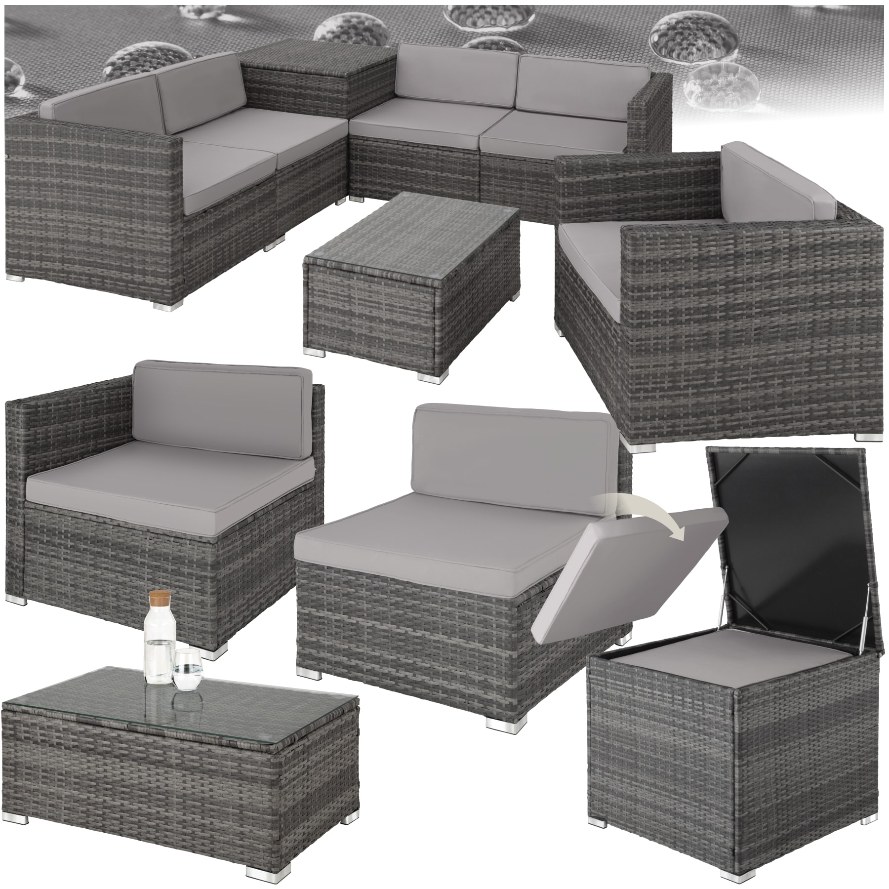 tectake&reg; Rattan Lounge, f&uuml;r 5 Personen, Dicke der Polster 8 cm, inklusive gro&szlig;er Aufbewahrungsbox - Bild 1
