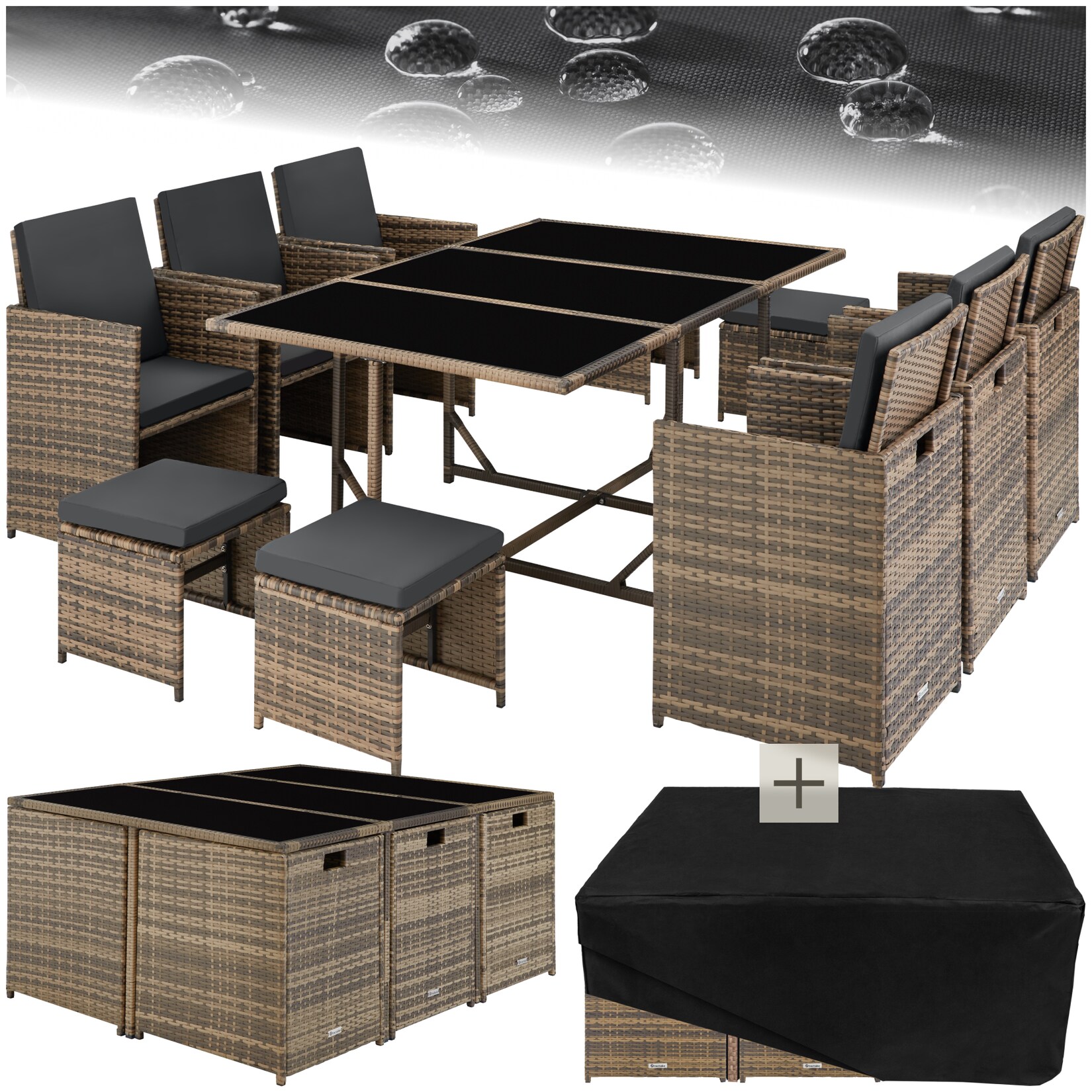 tectake® Rattan Sitzgruppe, für 6 bis 10 Personen, UV-beständig, zusammenschiebbar, inklusive Schutzhülle