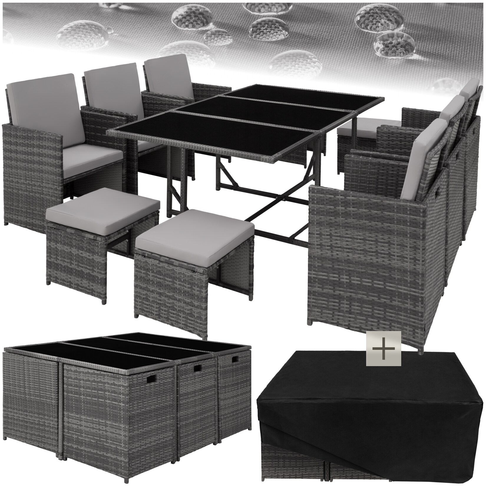 tectake® Rattan Sitzgruppe, für 6 bis 10 Personen, UV-beständig, zusammenschiebbar, inklusive Schutzhülle