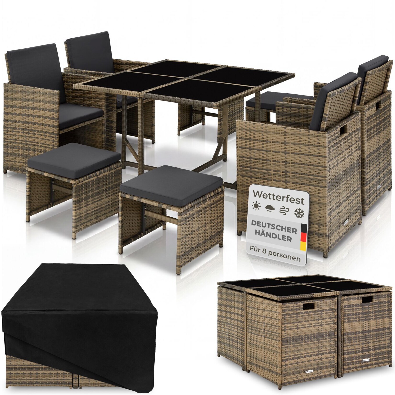 tectake® Rattan Sitzgruppe, für 4 bis 8 Personen, UV-beständig, zusammenschiebbar, inklusive Schutzhülle