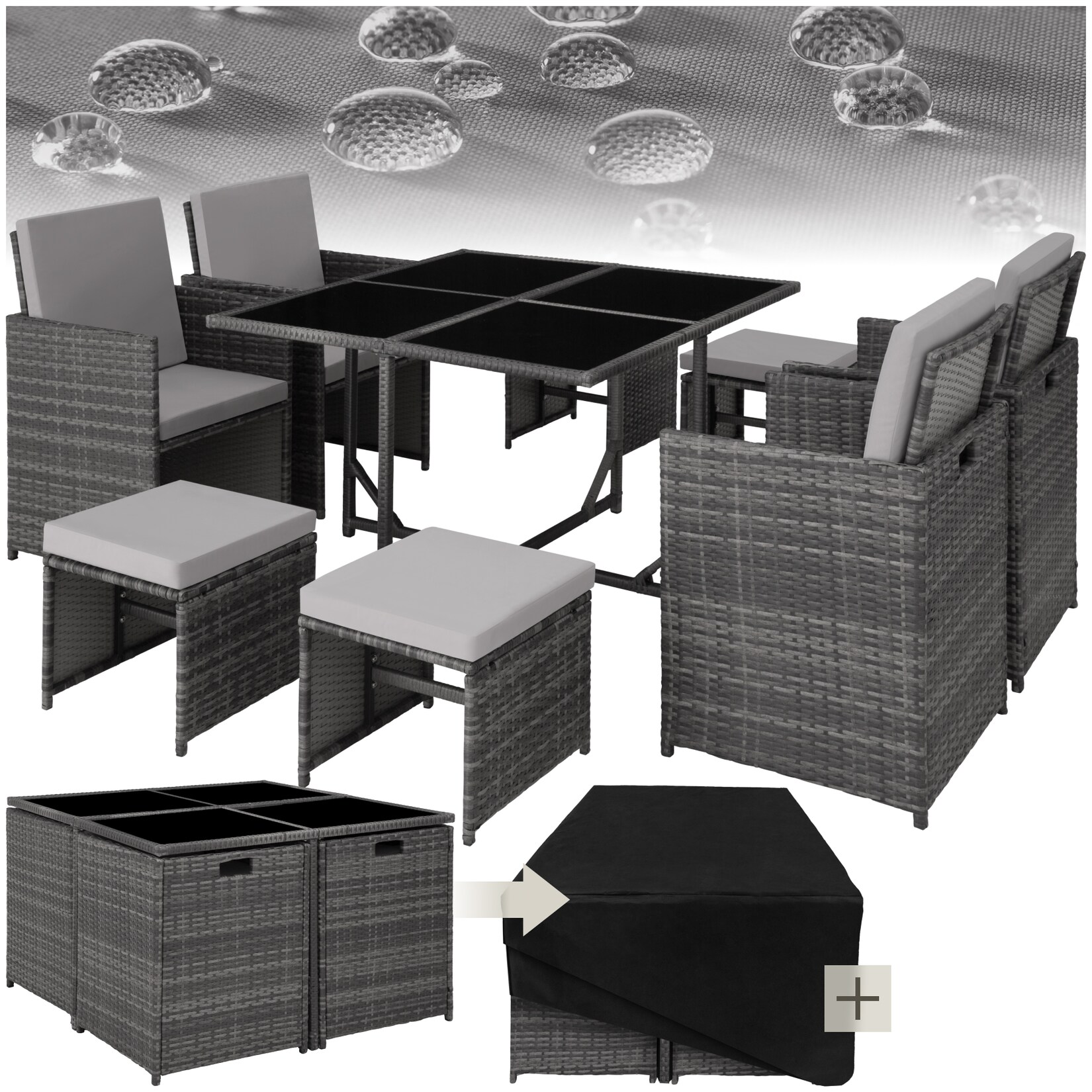 tectake® Rattan Sitzgruppe, für 4 bis 8 Personen, UV-beständig, zusammenschiebbar, inklusive Schutzhülle | 04061173125811