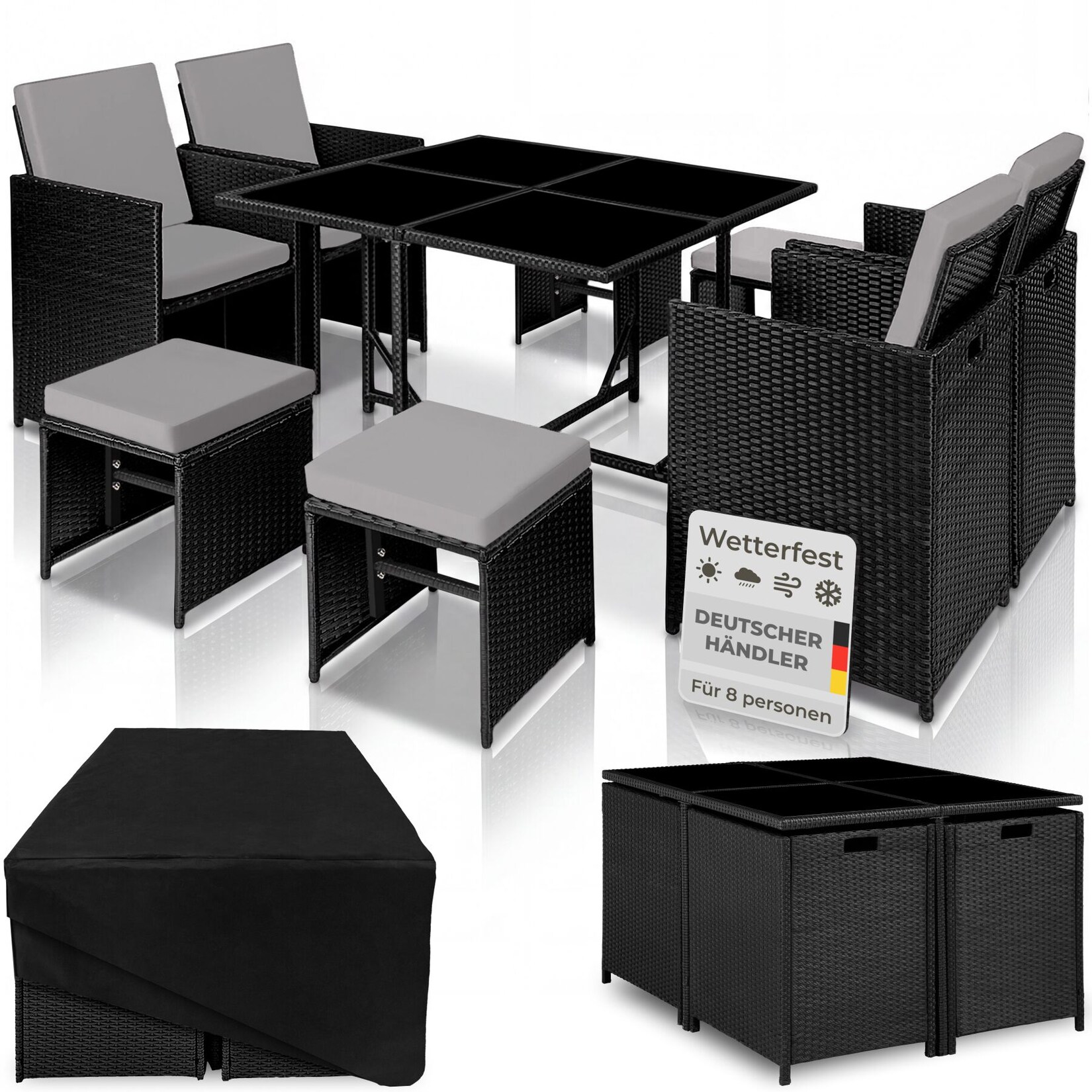 tectake® Rattan Sitzgruppe, für 4 bis 8 Personen, UV-beständig, zusammenschiebbar, inklusive Schutzhülle