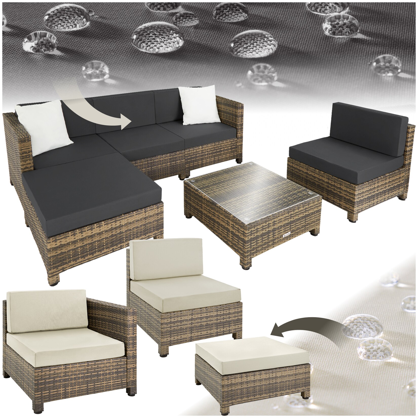 tectake® Rattan Lounge, mit Aluminiumgestell, wetterfest und UV-beständig, mit Sicherheitsglasplatte | 04061173116888