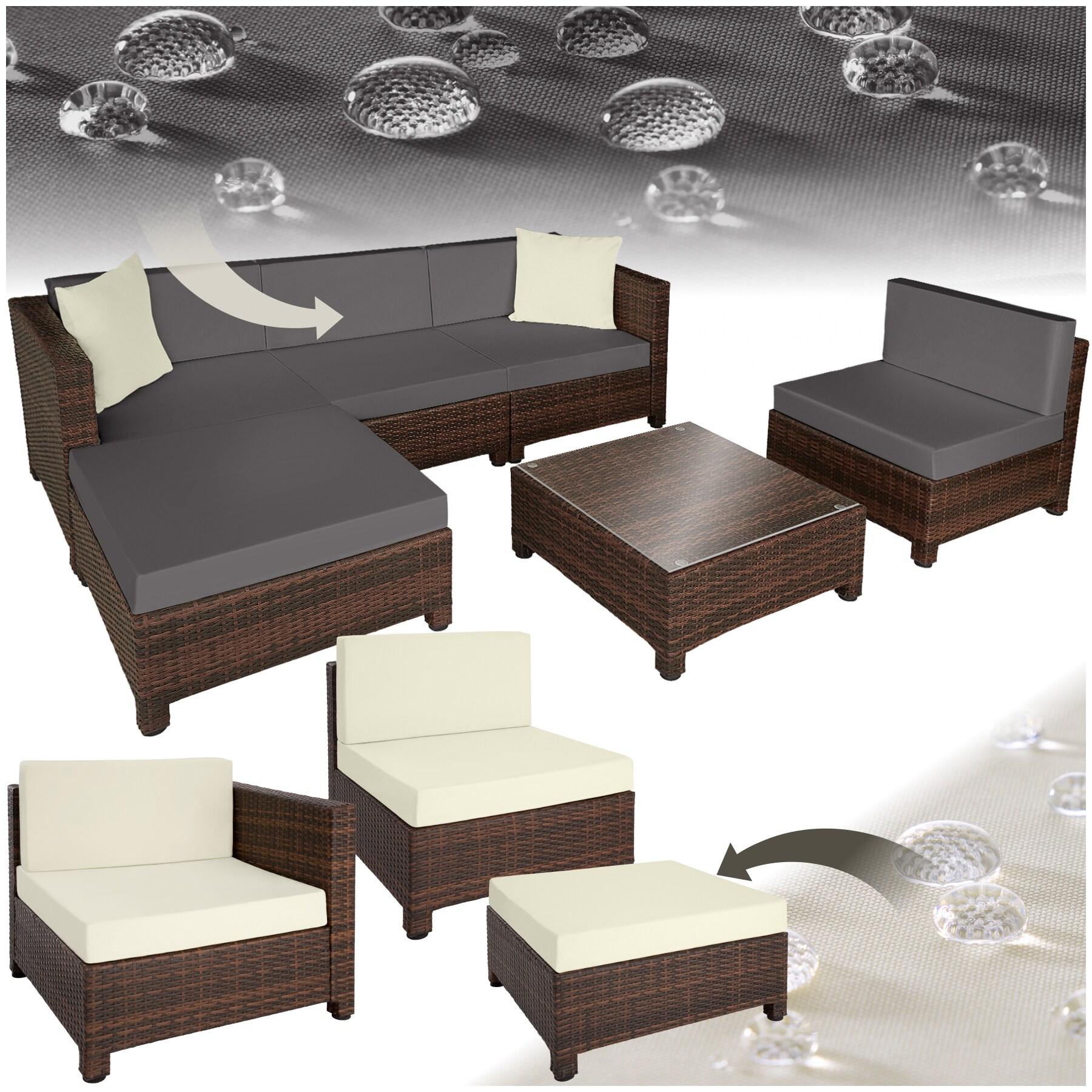 tectake&reg; Rattan Lounge, mit Aluminiumgestell, wetterfest und UV-best&auml;ndig, mit Sicherheitsglasplatte - Bild 1