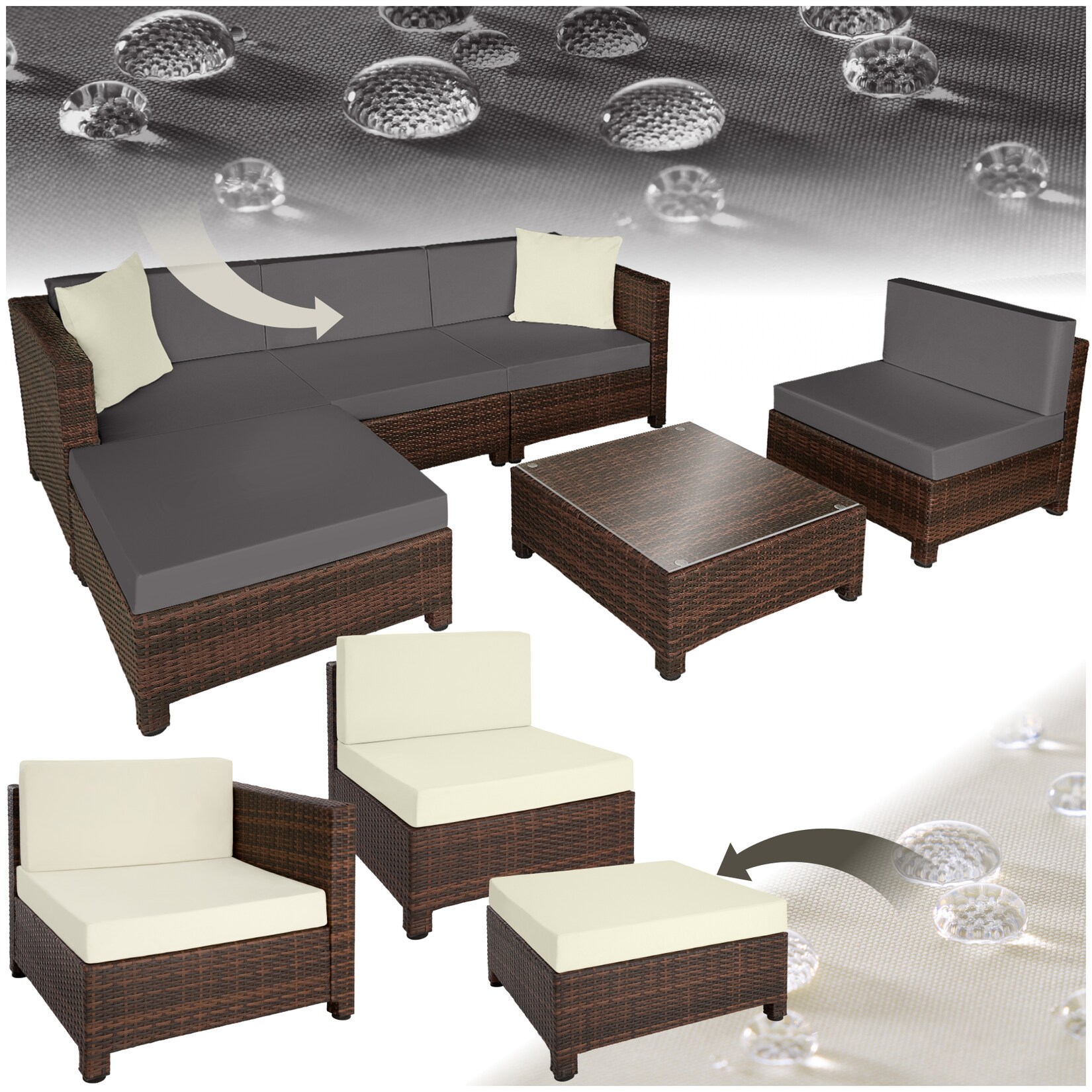 tectake® Rattan Lounge, mit Aluminiumgestell, wetterfest und UV-beständig, mit Sicherheitsglasplatte | 04061173125149