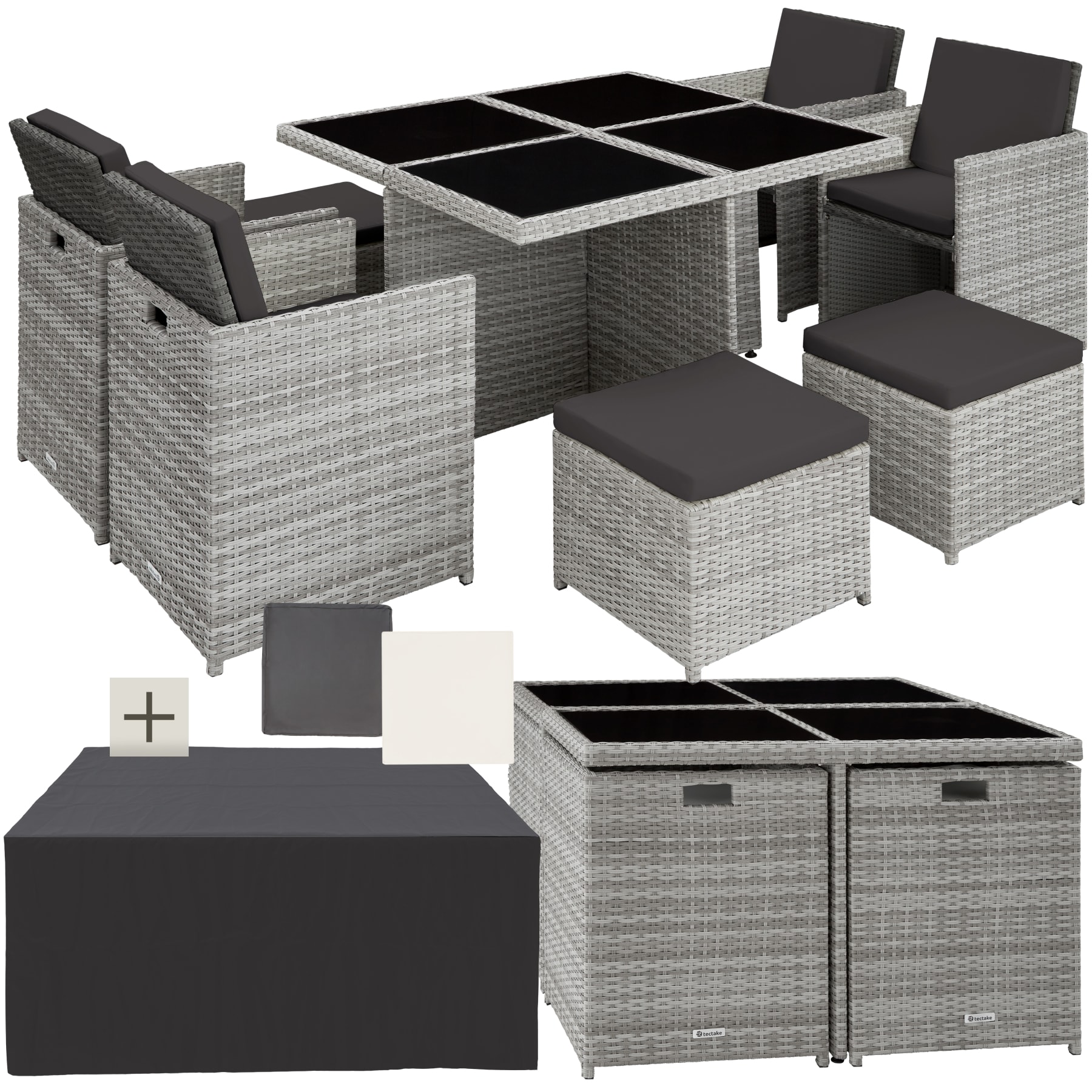 tectake&reg; Rattan Sitzgruppe, mit Aluminiumgestell, wetterfest und UV-best&auml;ndig, 2 Bezugssets, zusammenschiebbar, inklusive Schutzh&uuml;lle - Bild 1