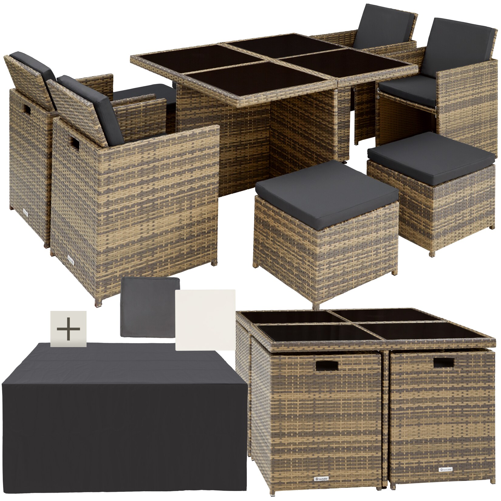 tectake® Rattan Sitzgruppe, mit Aluminiumgestell, wetterfest und UV-beständig, 2 Bezugssets, zusammenschiebbar, inklusive Schutzhülle