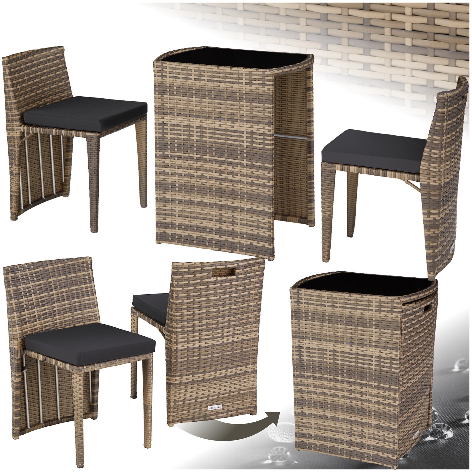 tectake® Rattanset, mit Aluminiumgestell, wetterfest und UV-beständig, zusammenschiebbar