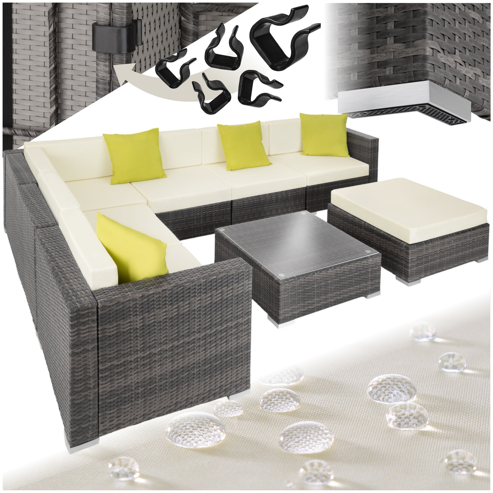 tectake® Rattan Lounge, mit Aluminiumgestell, wetterfest und UV-beständig, mit Sicherheitsglasplatte