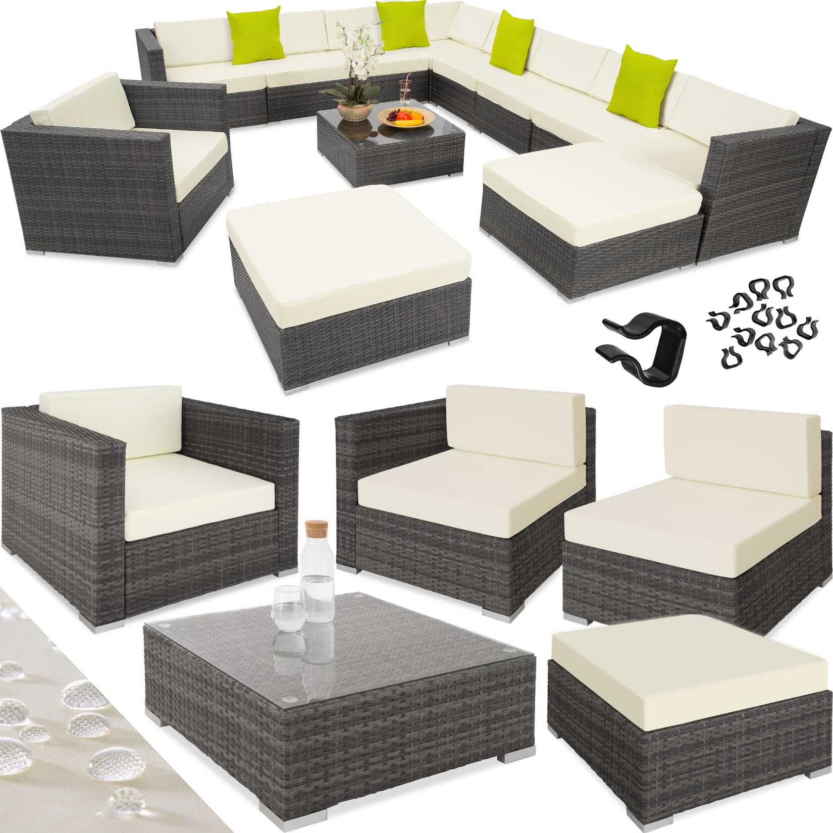tectake® Rattan Lounge, mit Aluminiumgestell, wetterfest und UV-beständig, mit Sicherheitsglasplatte