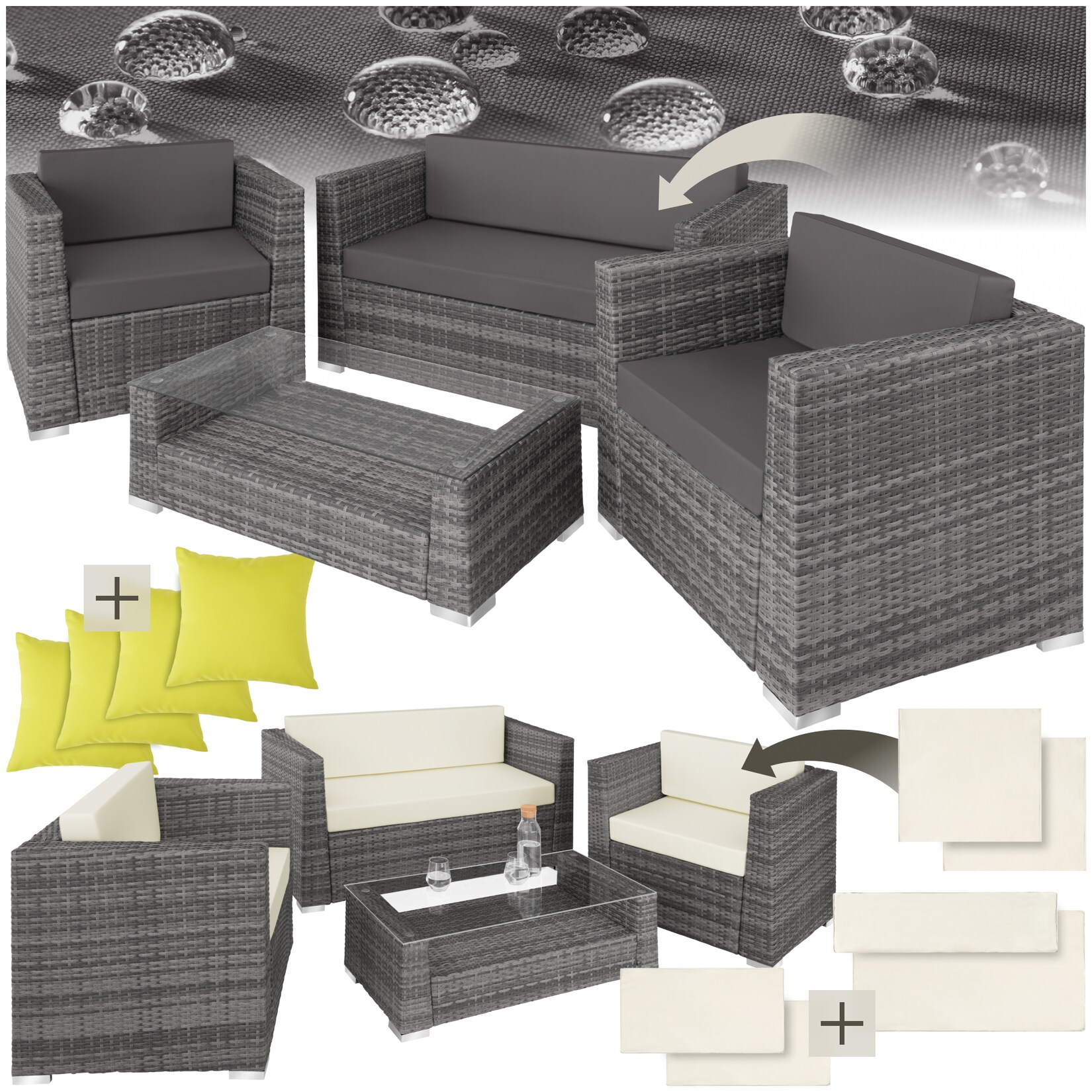 tectake® Rattan Lounge, mit Aluminiumgestell, wetterfest und UV-beständig, mit Sicherheitsglasplatte