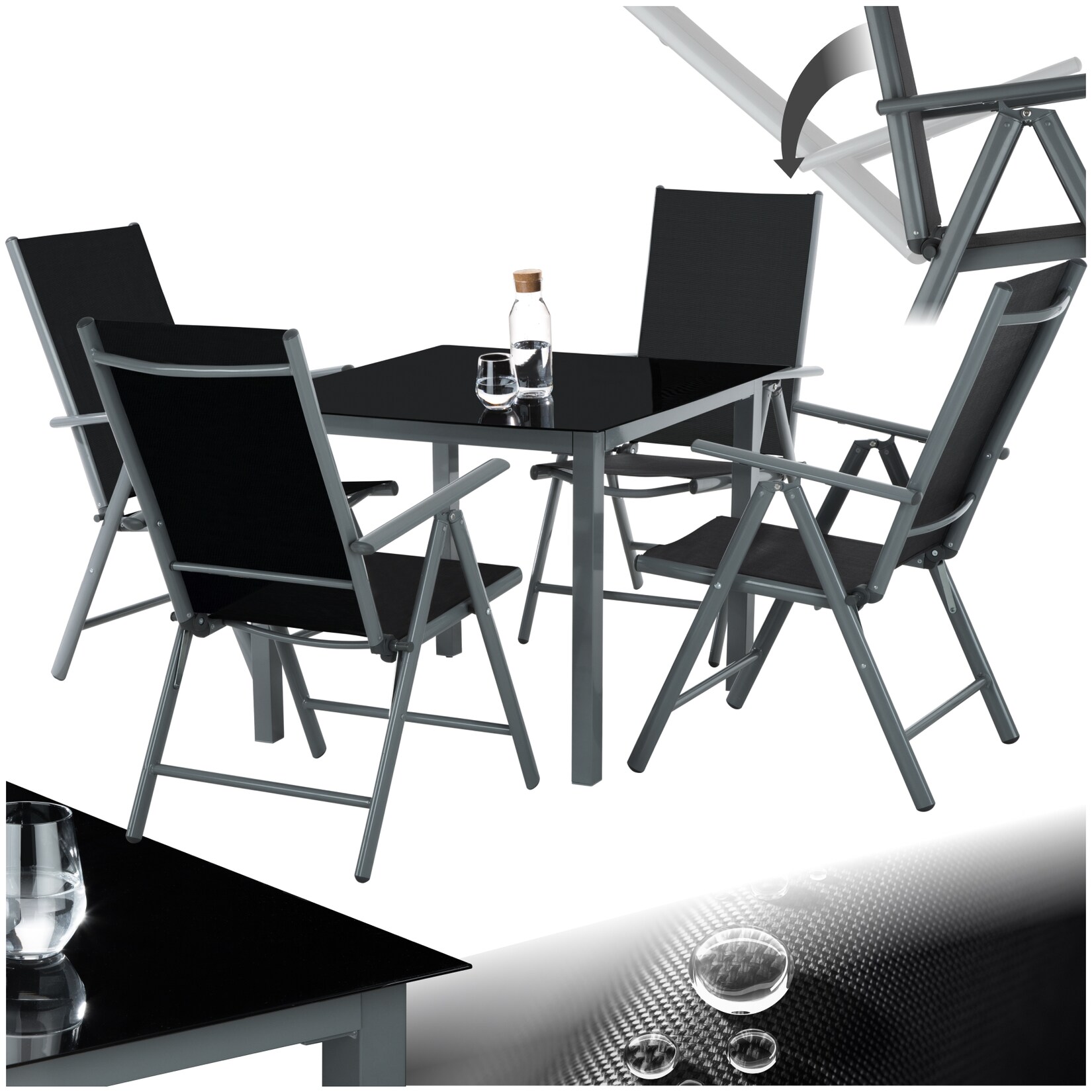 tectake® Sitzgruppe, mit Aluminiumgestell, für 4 Personen, UV-beständig, Tisch mit Sicherheitsglasplatte und Ausgleichsschrauben | 04061173125873