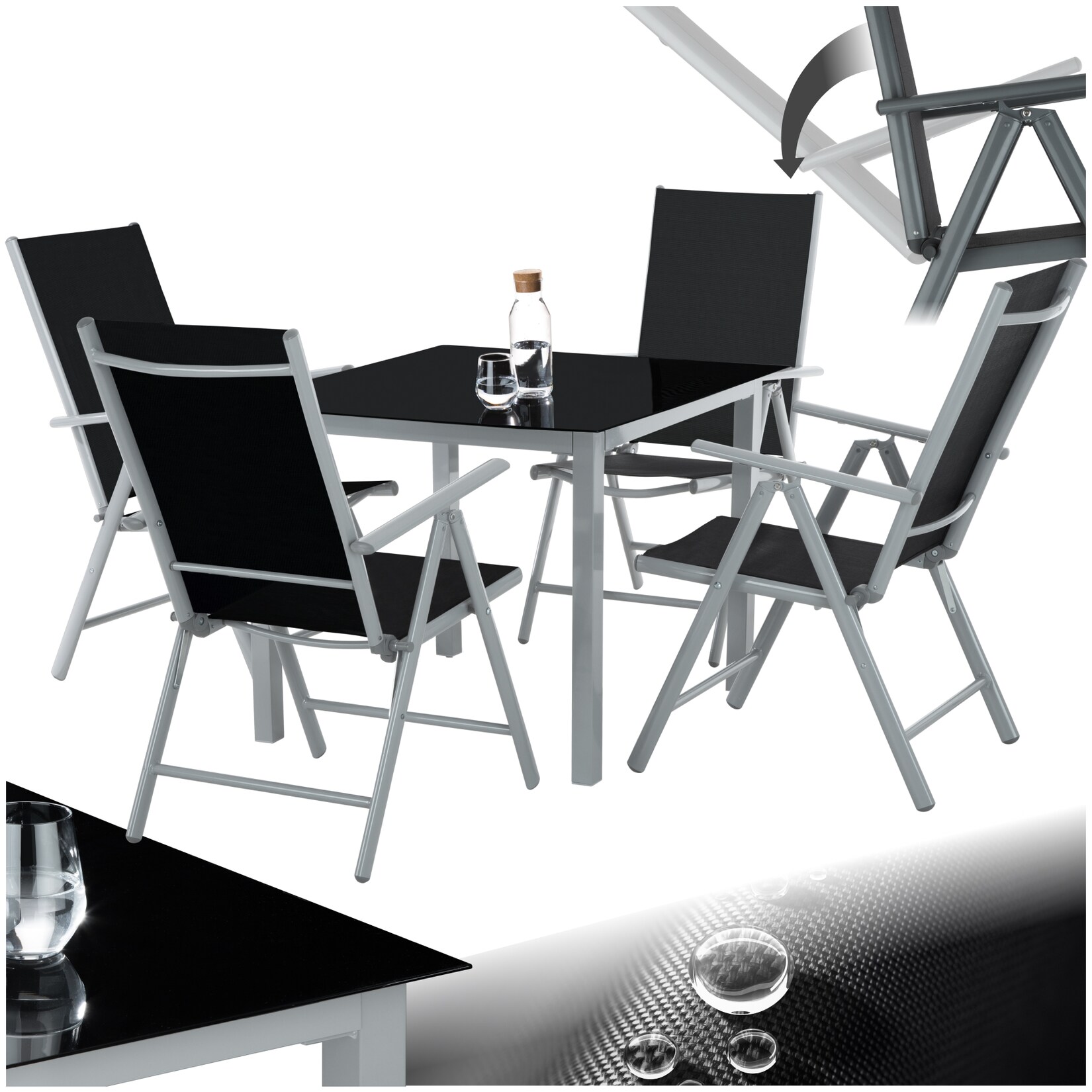 tectake® Sitzgruppe, mit Aluminiumgestell, für 4 Personen, UV-beständig, Tisch mit Sicherheitsglasplatte und Ausgleichsschrauben