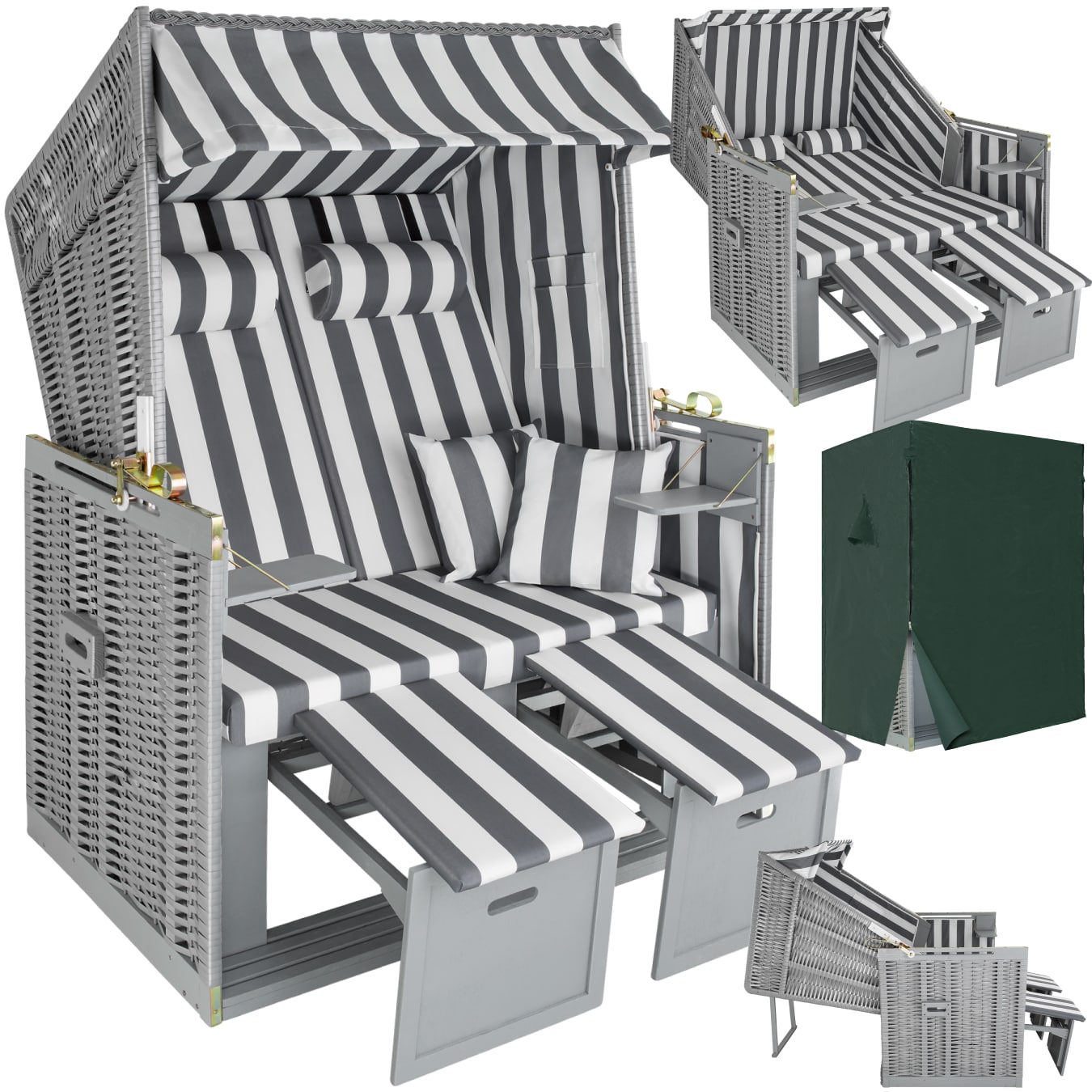 tectake&reg; Strandkorb, gepolstert mit ausziehbaren Fu&szlig;b&auml;nkchen, klappbare Seitentische und weitere Extras, 115 x 158 x 78 cm - Bild 1