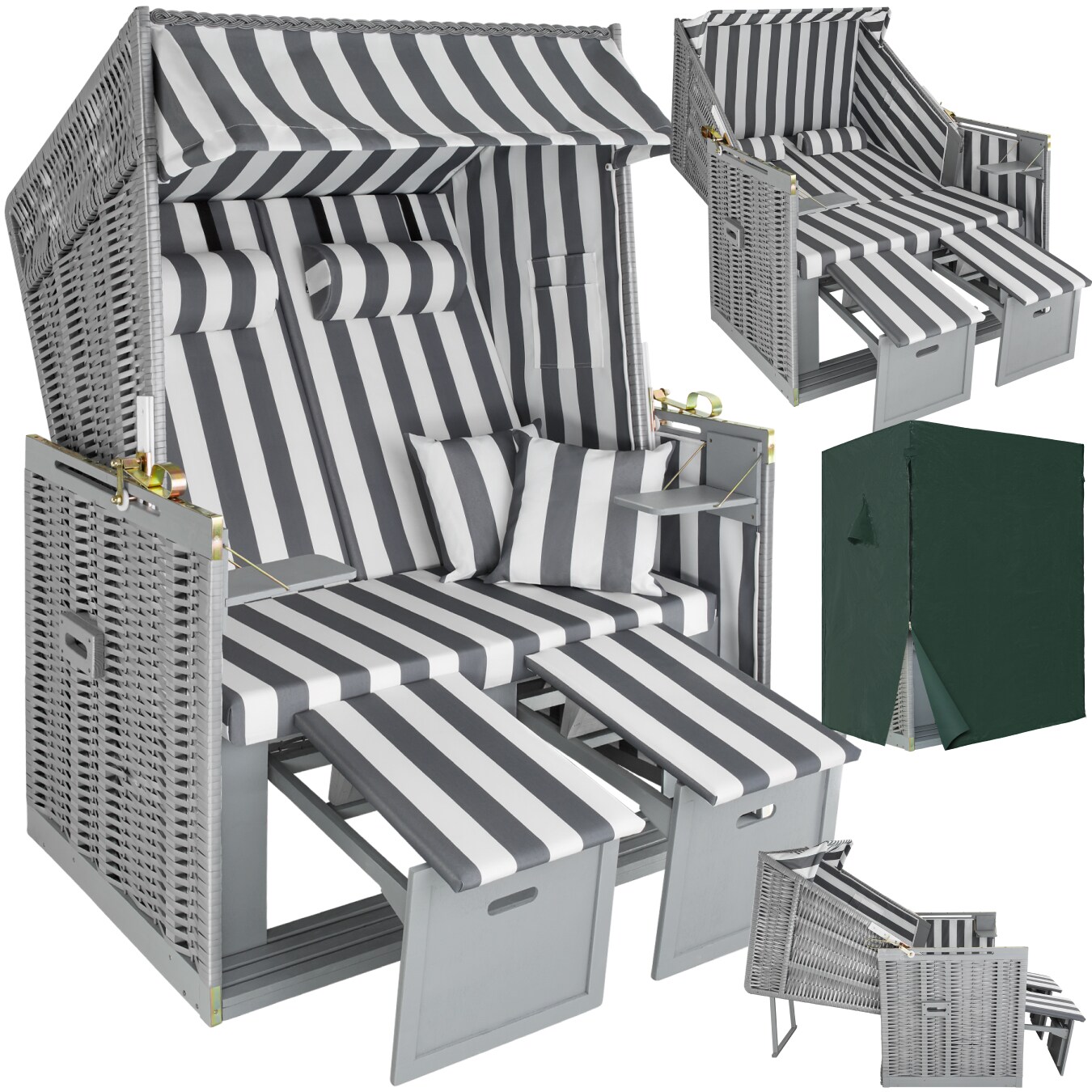 tectake® Strandkorb, gepolstert mit ausziehbaren Fußbänkchen, klappbare Seitentische und weitere Extras, 115 x 158 x 78 cm | 04061173125903