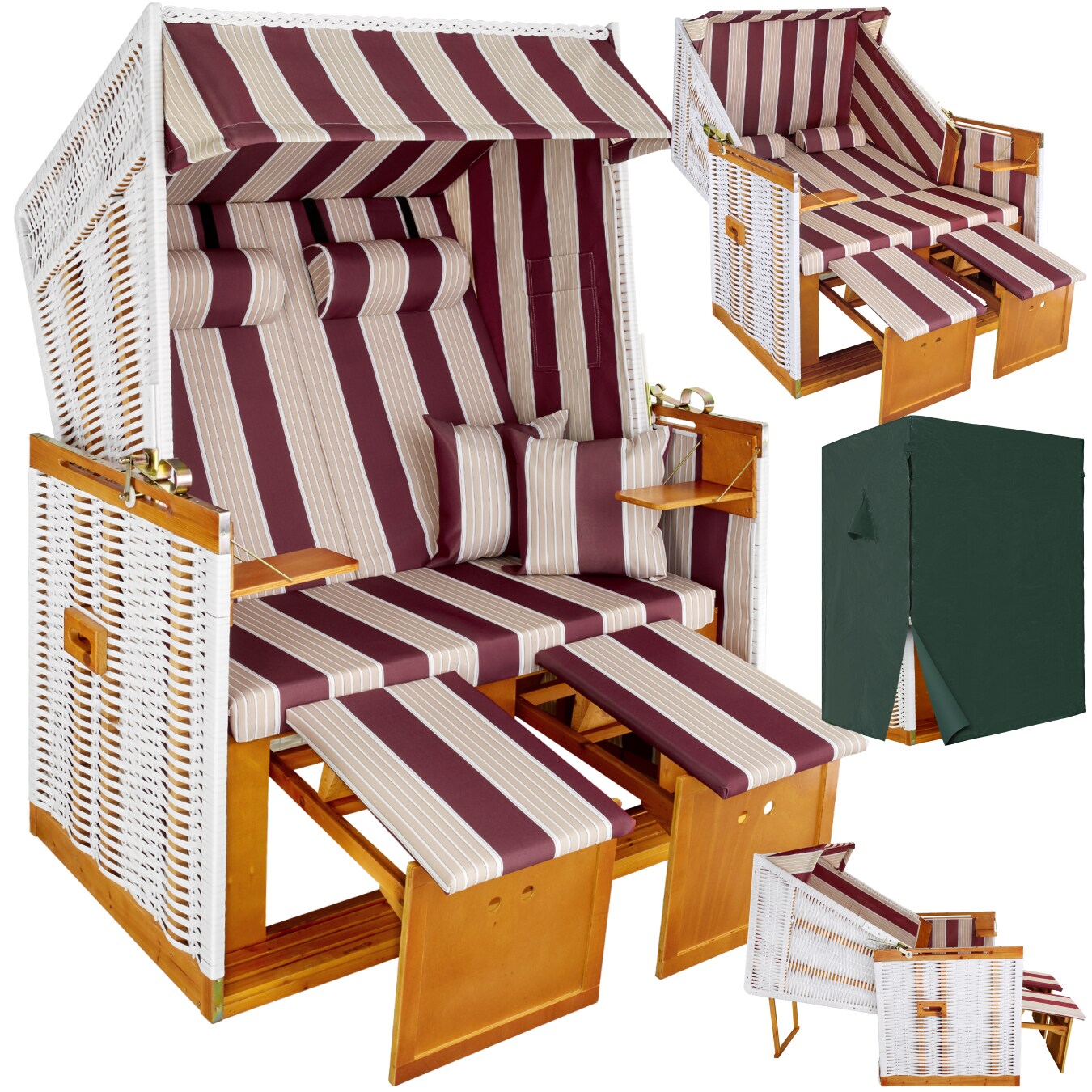 tectake® Strandkorb, gepolstert mit ausziehbaren Fußbänkchen, klappbare Seitentische und weitere Extras, 115 x 158 x 78 cm