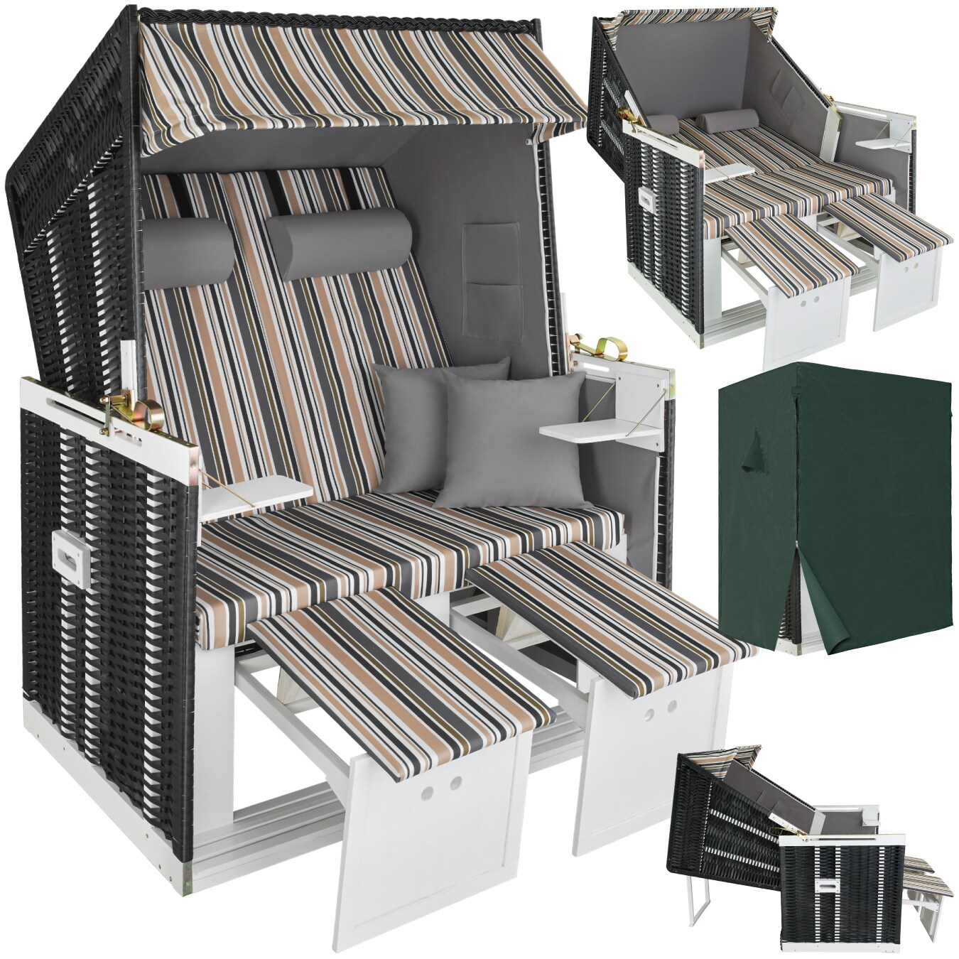 tectake® Strandkorb, gepolstert mit ausziehbaren Fußbänkchen, klappbare Seitentische und weitere Extras, 115 x 158 x 78 cm | 04061173125927