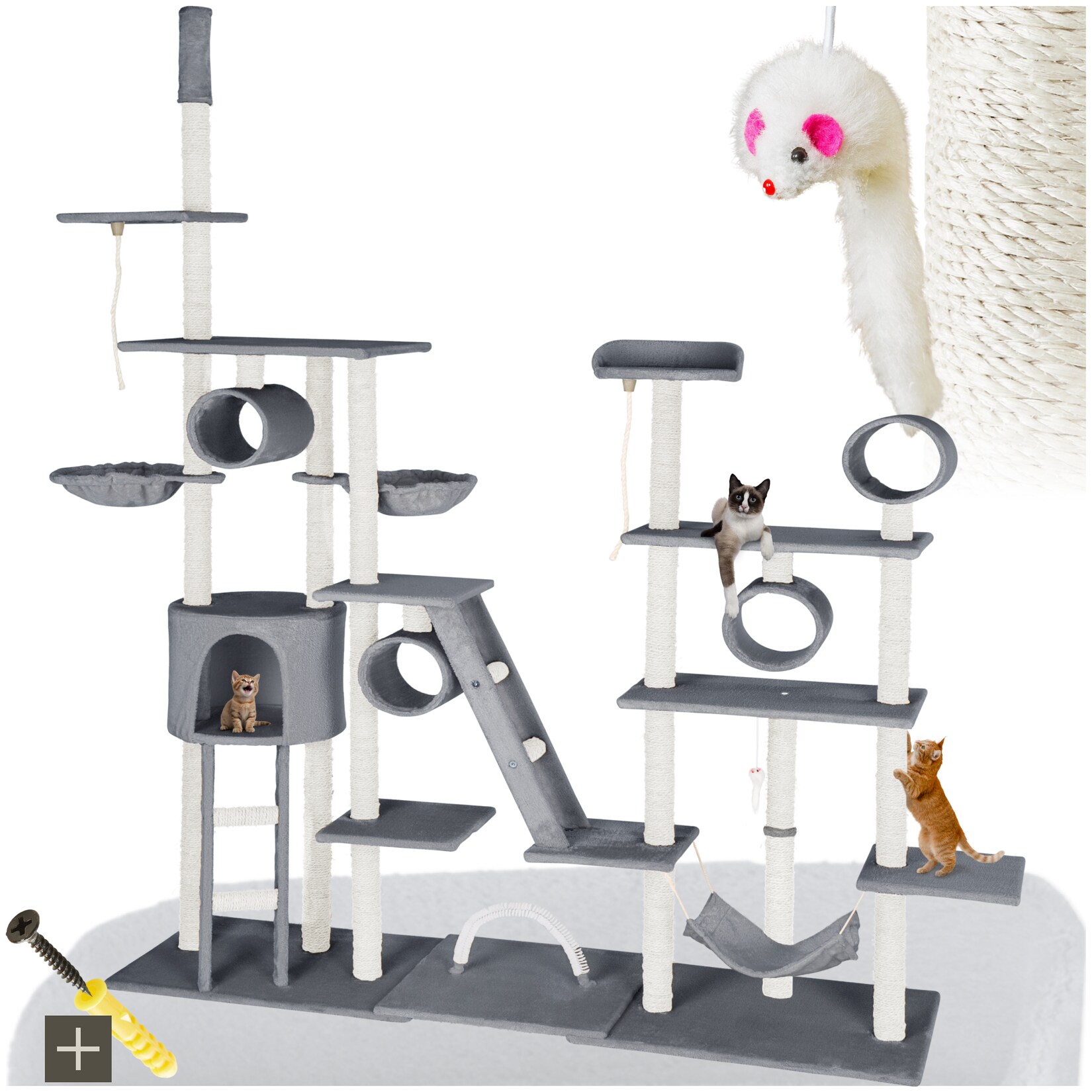 tectake® Kratzbaum, 234 bis 261 cm, mit Katzenhaus, inklusive 2 Treppen, 2 Spielkordeln, Kratzbogen, Deckenspanner und Kippschutz