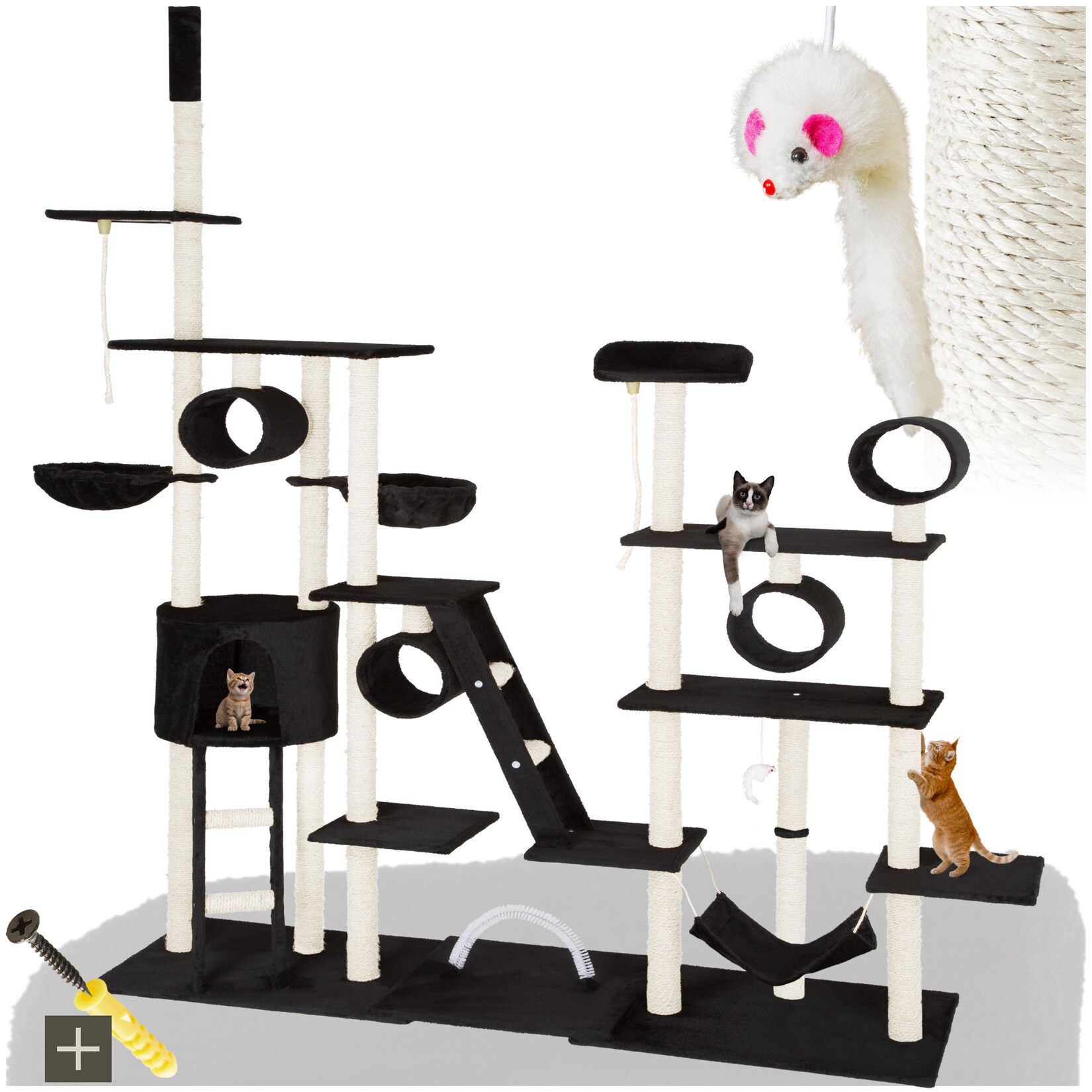 tectake® Kratzbaum, 234 bis 261 cm, mit Katzenhaus, inklusive 2 Treppen, 2 Spielkordeln, Kratzbogen, Deckenspanner und Kippschutz