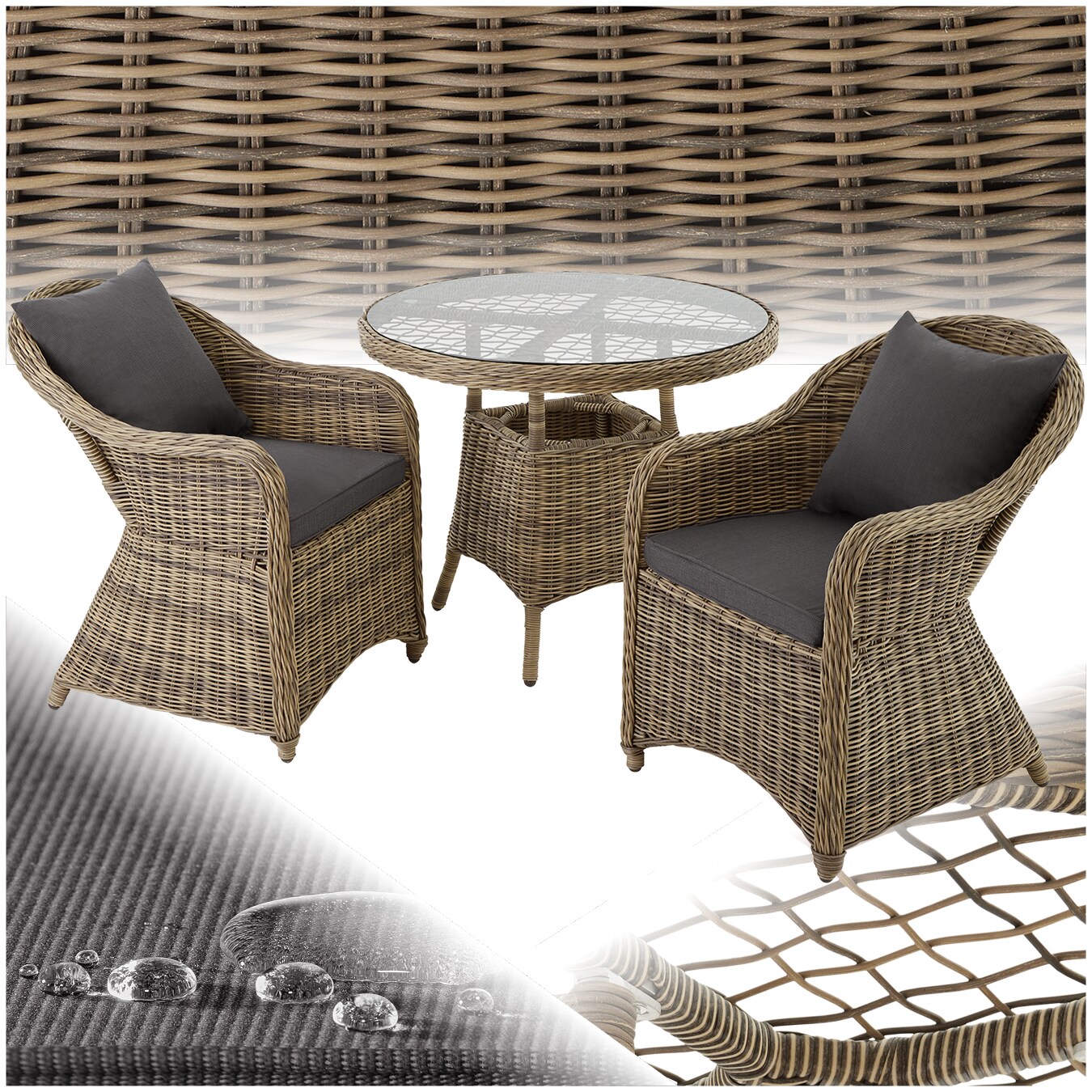 tectake® Rattan Sitzgruppe, mit Aluminiumgestell, wetterfest und UV-beständig, hochwertiges Geflecht, Stühle vormontiert