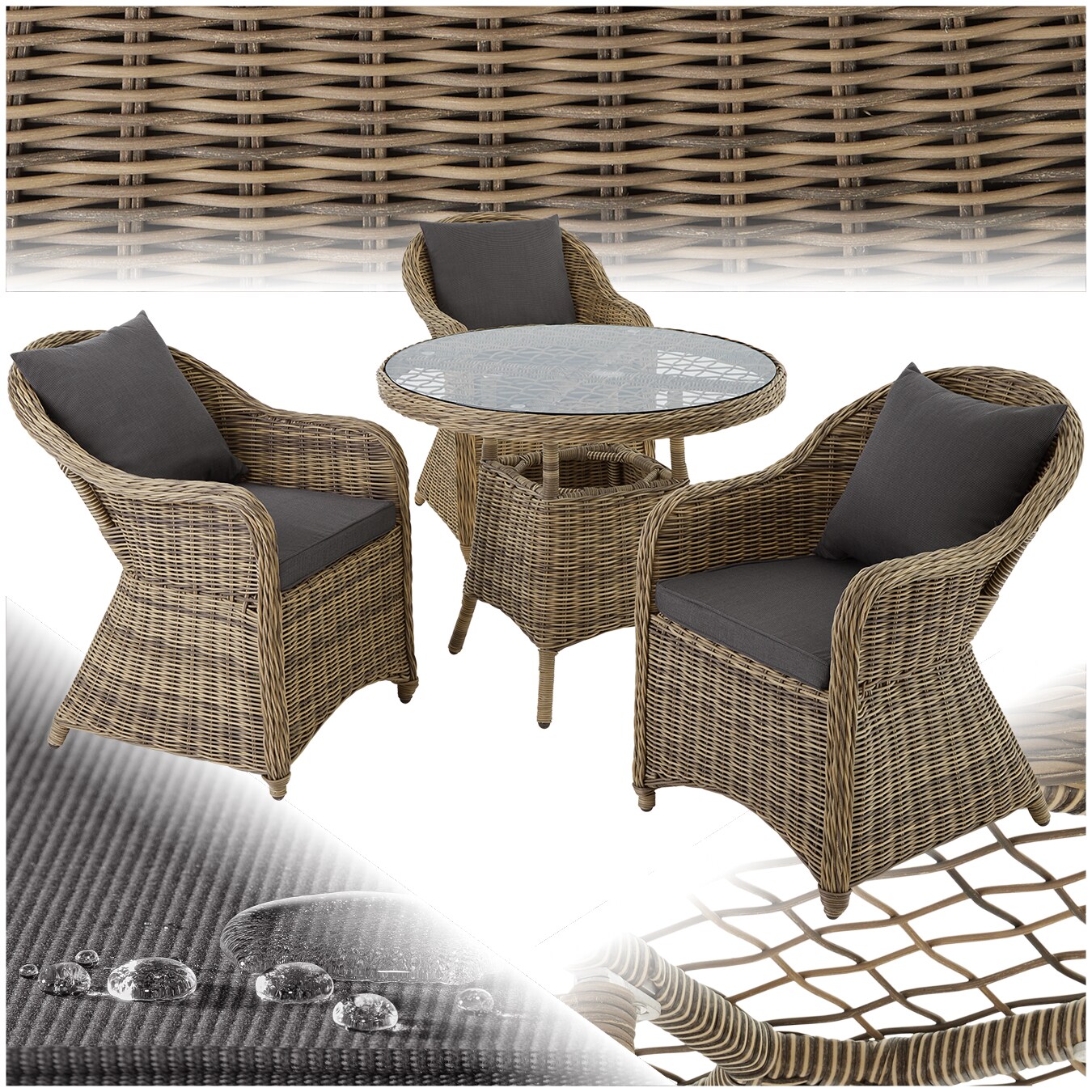 tectake® Rattan Sitzgruppe, mit Aluminiumgestell, wetterfest und UV-beständig, hochwertiges Geflecht, Stühle vormontiert | 04061173157263