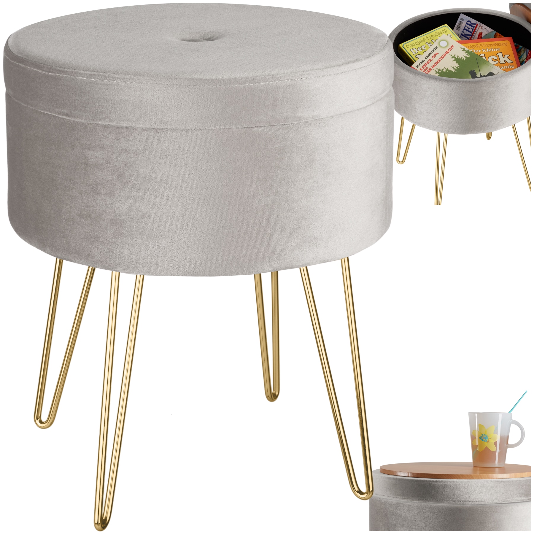 tectake&reg; Sitzhocker mit Stauraum, rund, gepolstert, in Samtoptik - Bild 1