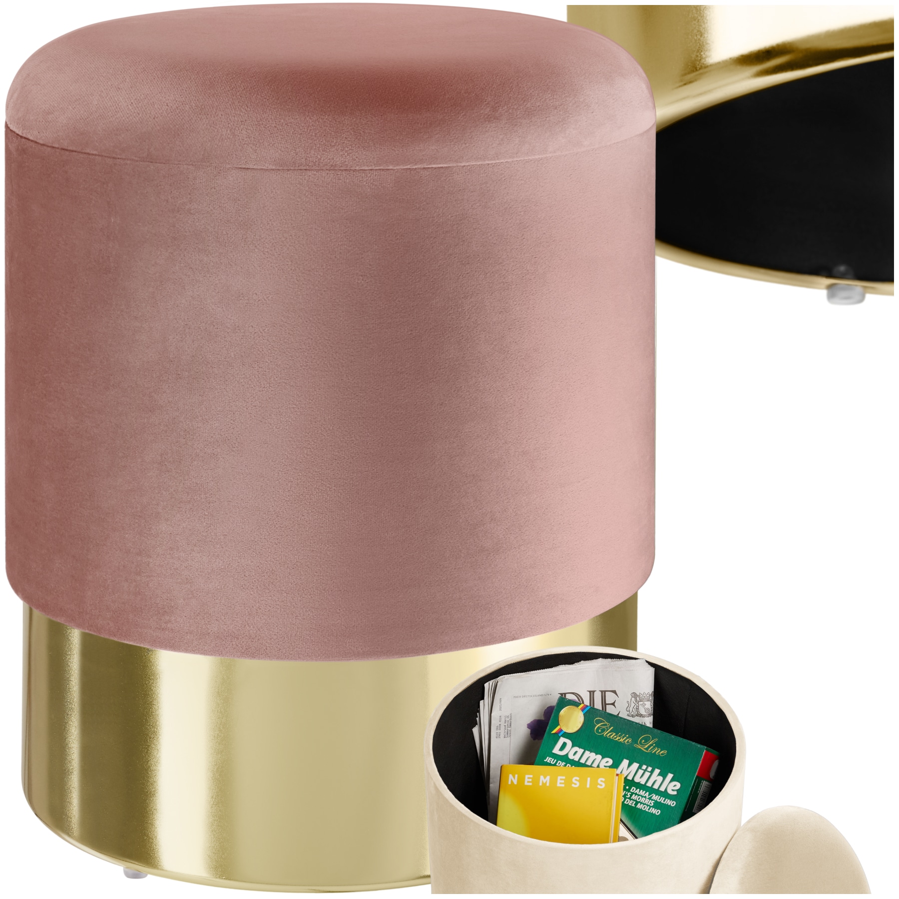 tectake&reg; Sitzhocker mit Stauraum, rund, gepolstert, in Samtoptik - Bild 1