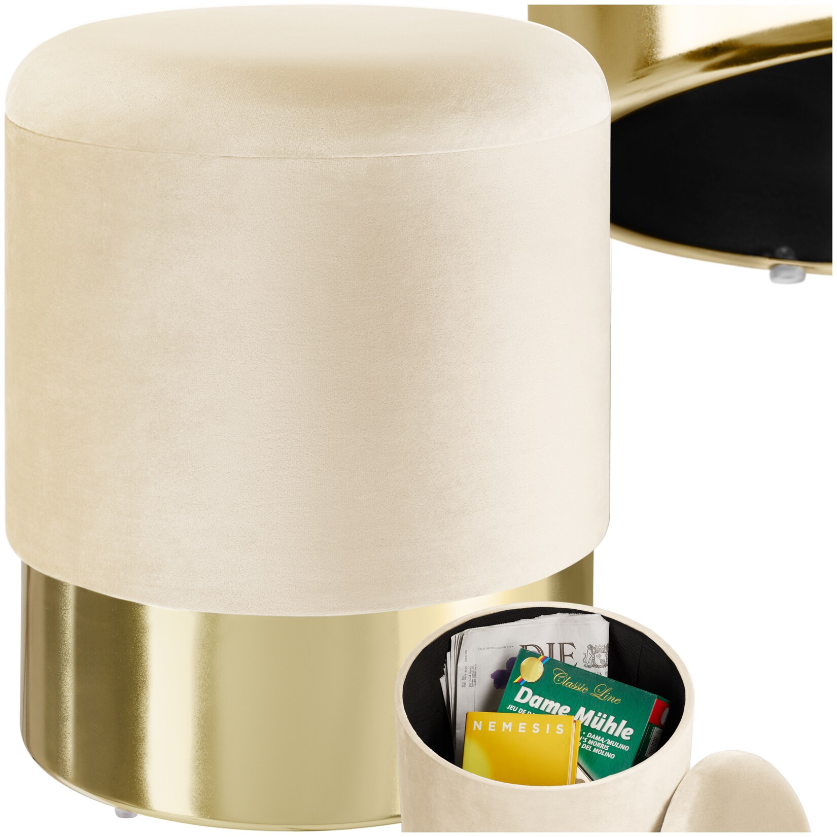 tectake® Sitzhocker mit Stauraum, rund, gepolstert, in Samtoptik
