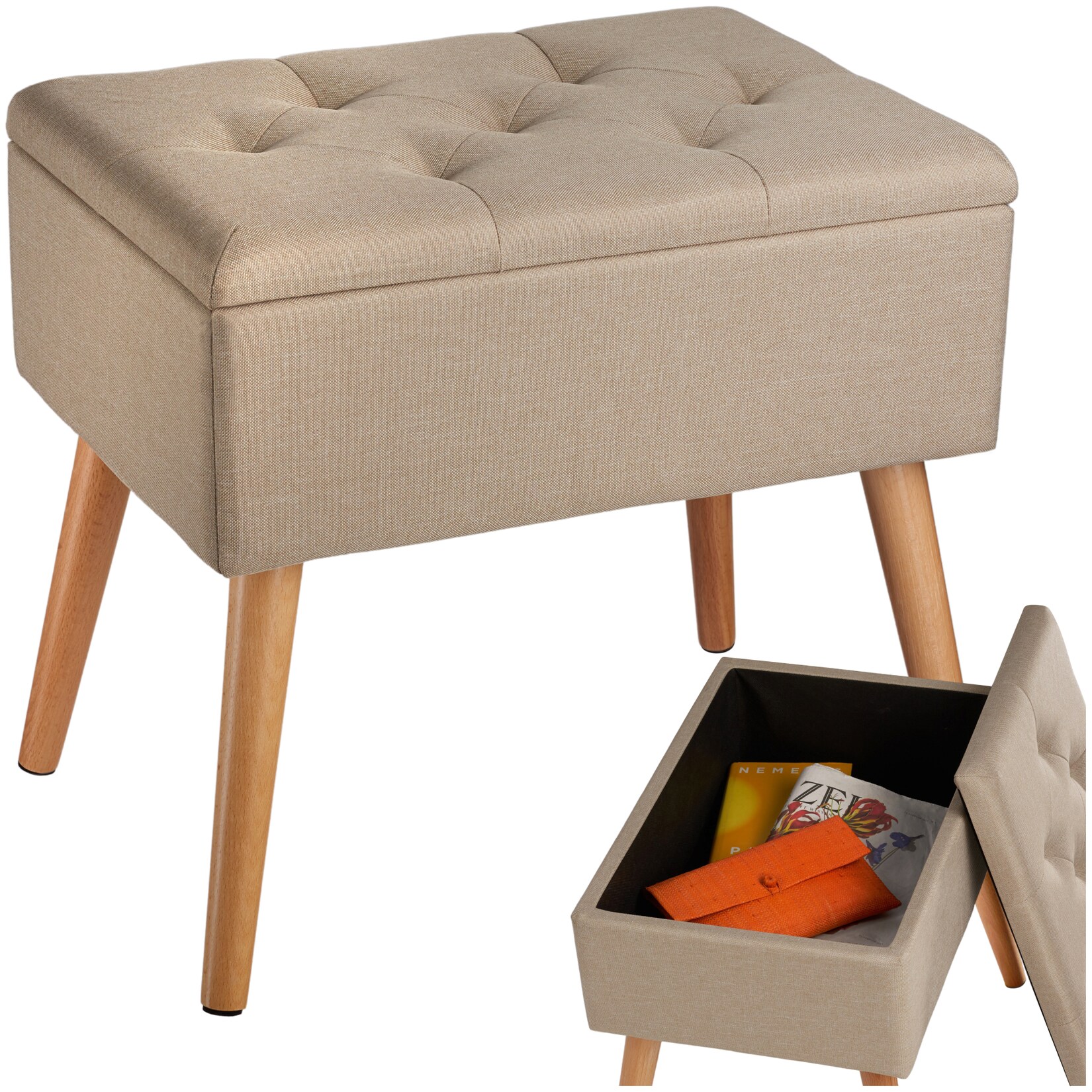tectake® Sitzbank, gepolstert, in Leinenoptik, Holzbeine mit Filzgleitern, 51 x 37,5 x 45,5 cm