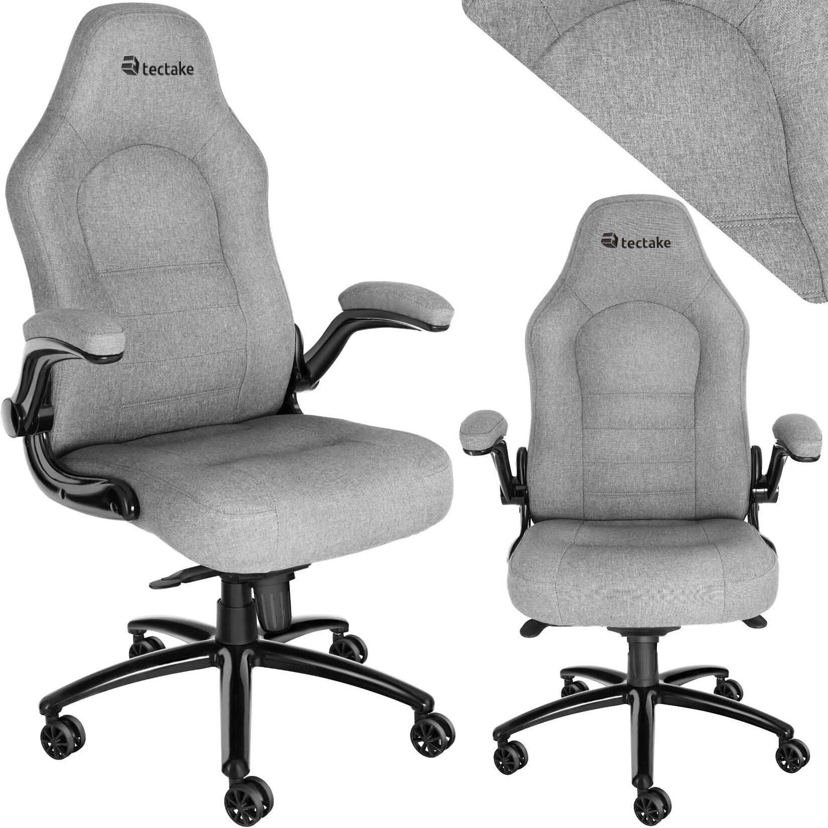 tectake® Bürostuhl, ergonomische Form, mit Stoffbezug, klappbare Armlehnen und Wippfunktion, stufenlos höhenverstellbar