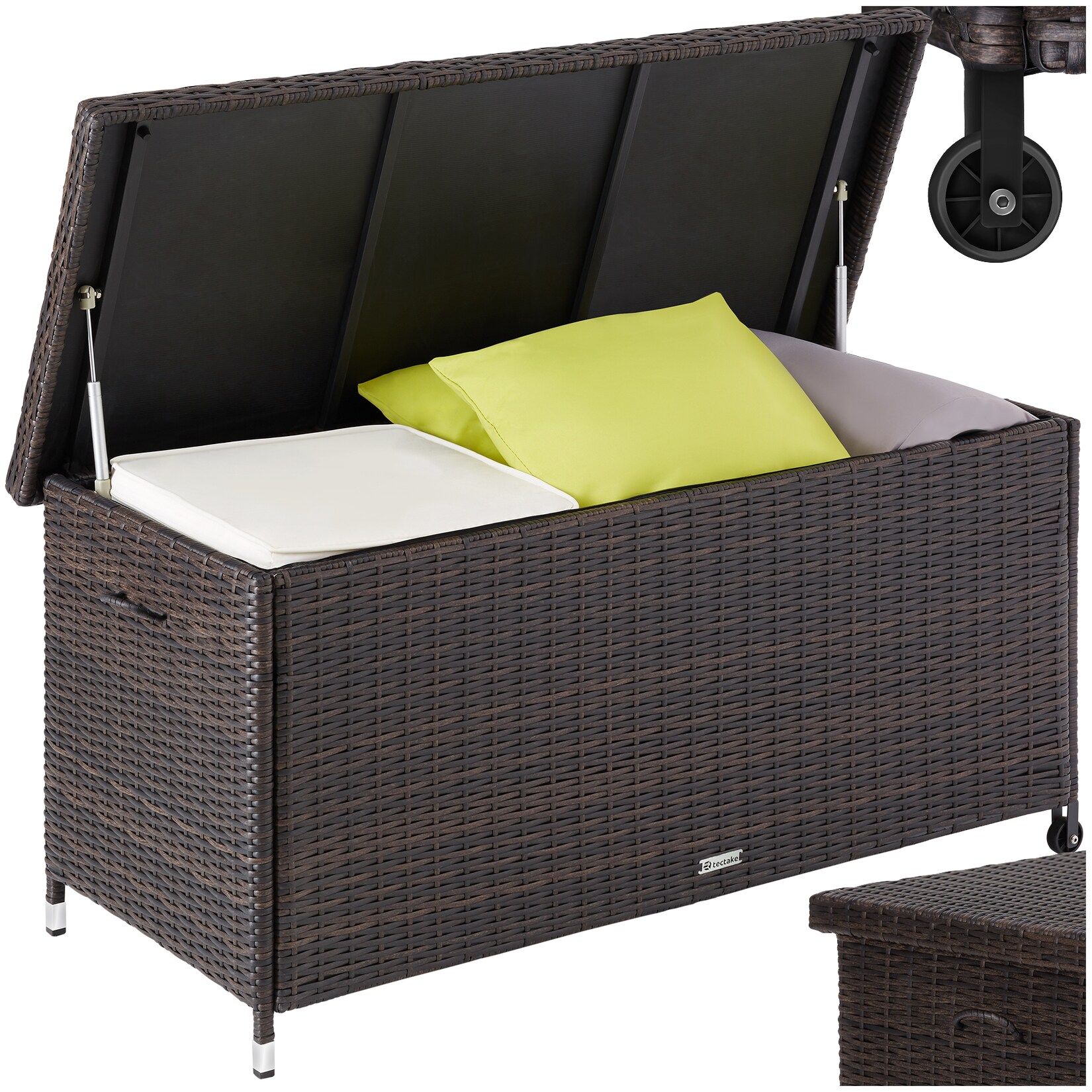 tectake® Auflagenbox, , mit Rattangeflecht, komfortable Hubautomatik, 121 x 56 x 60 cm