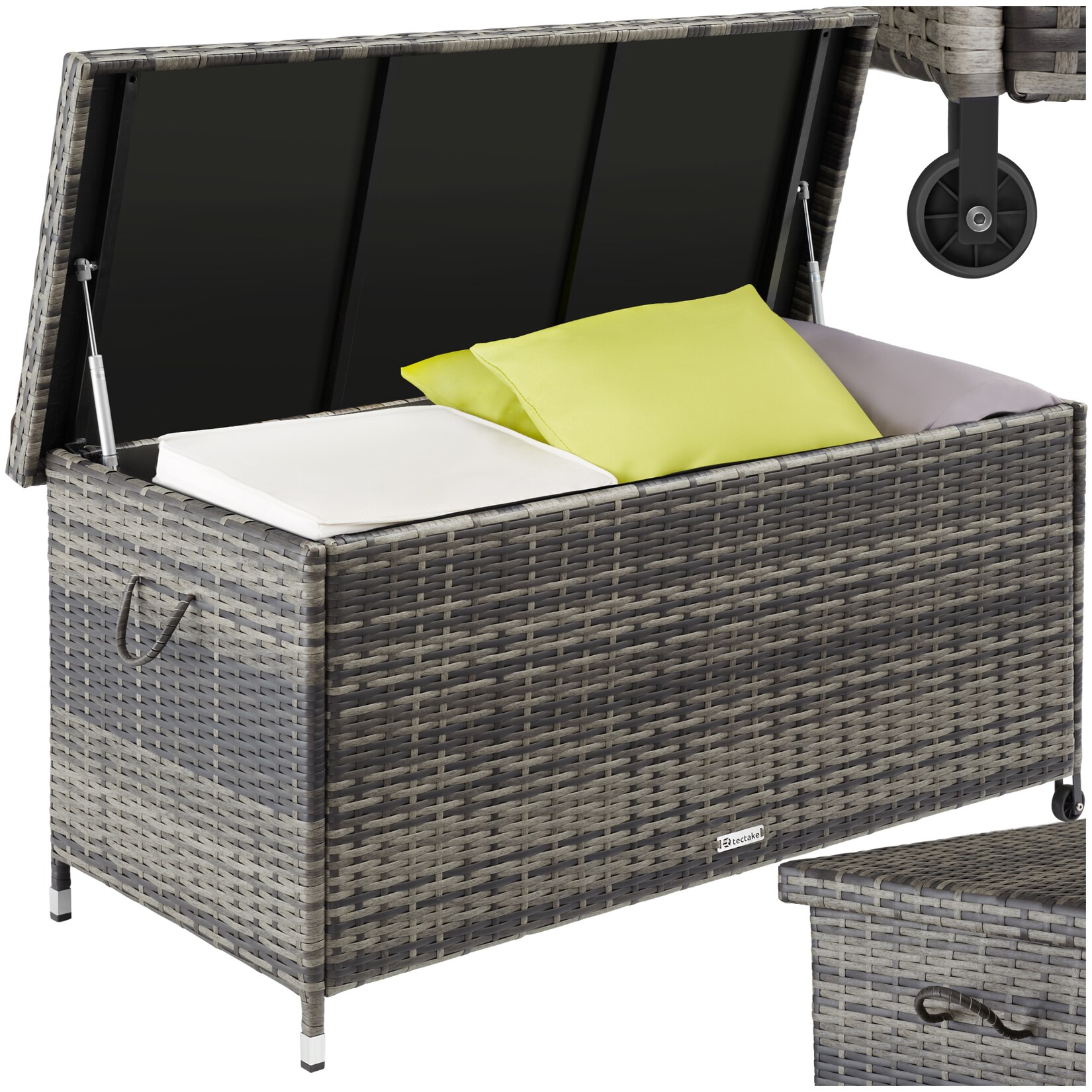 tectake® Auflagenbox, , mit Rattangeflecht, komfortable Hubautomatik, 121 x 56 x 60 cm