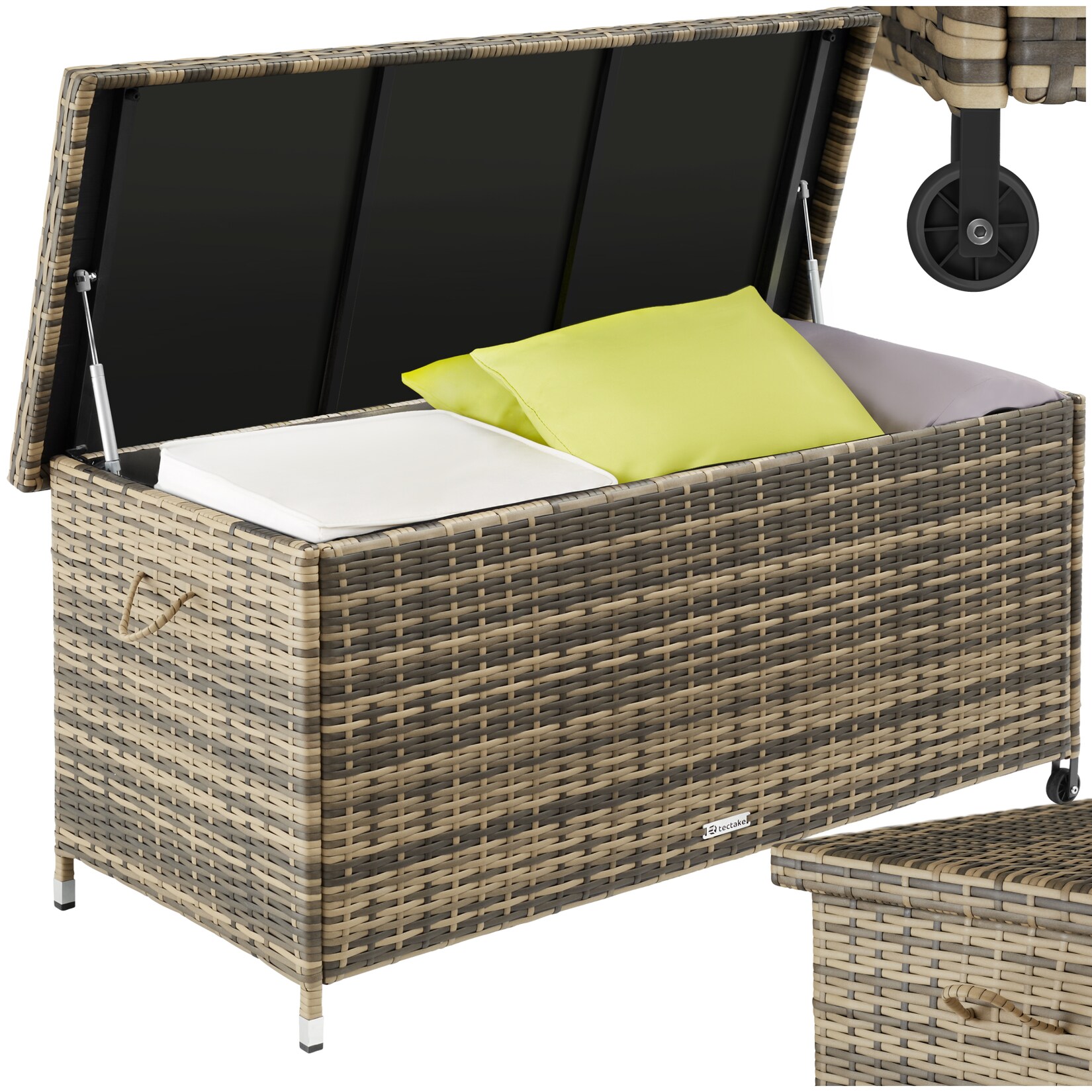 tectake® Auflagenbox, , mit Rattangeflecht, komfortable Hubautomatik, 121 x 56 x 60 cm