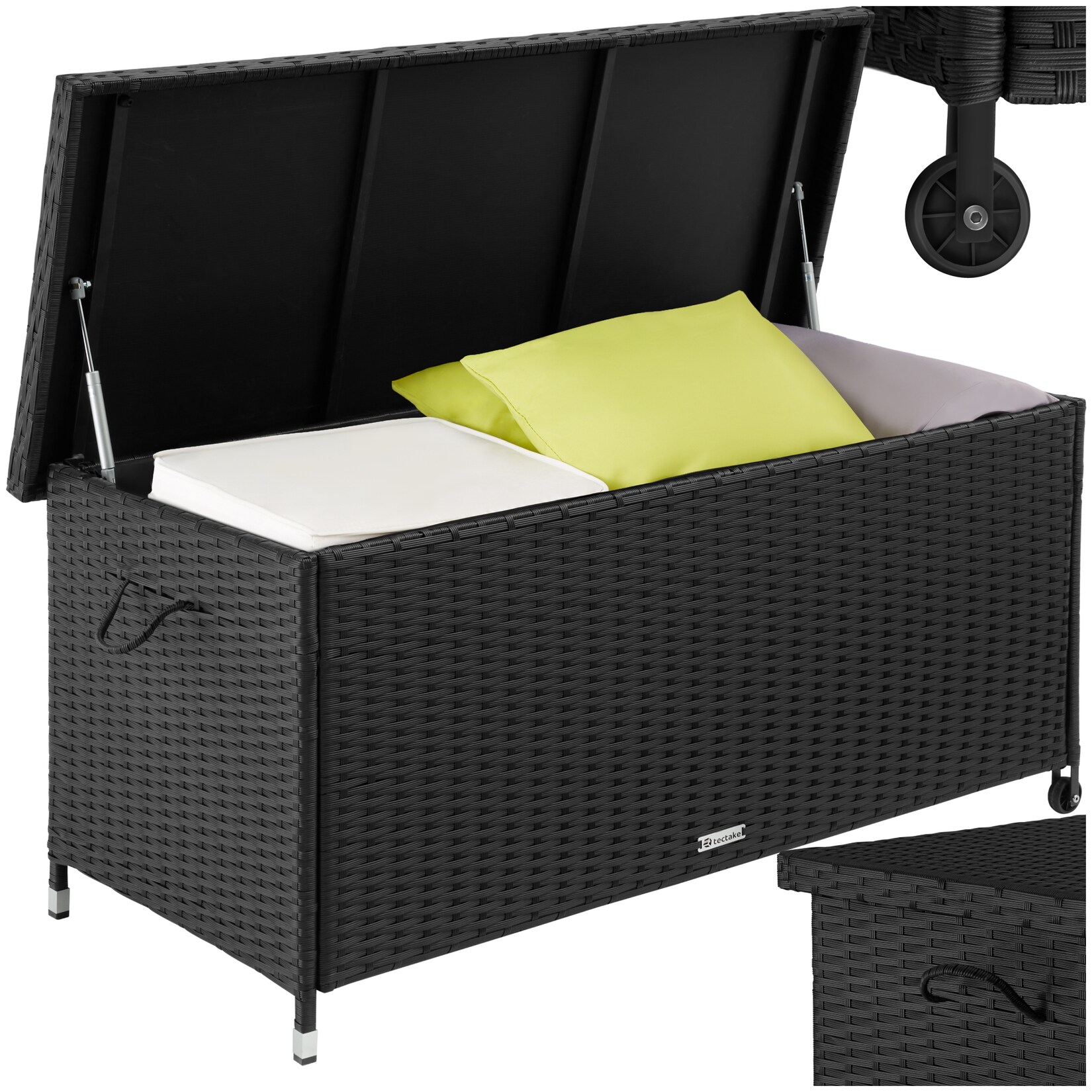 tectake® Auflagenbox, , mit Rattangeflecht, komfortable Hubautomatik, 121 x 56 x 60 cm