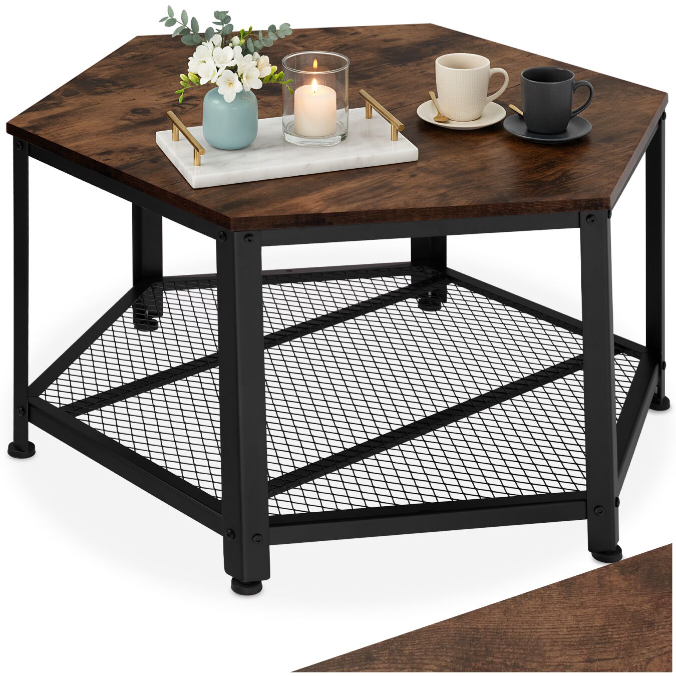 tectake&reg; Couchtisch, Industrial Style, sechseckig mit Gitterablage, 86,5 x 75 x 46,5 cm - Bild 1