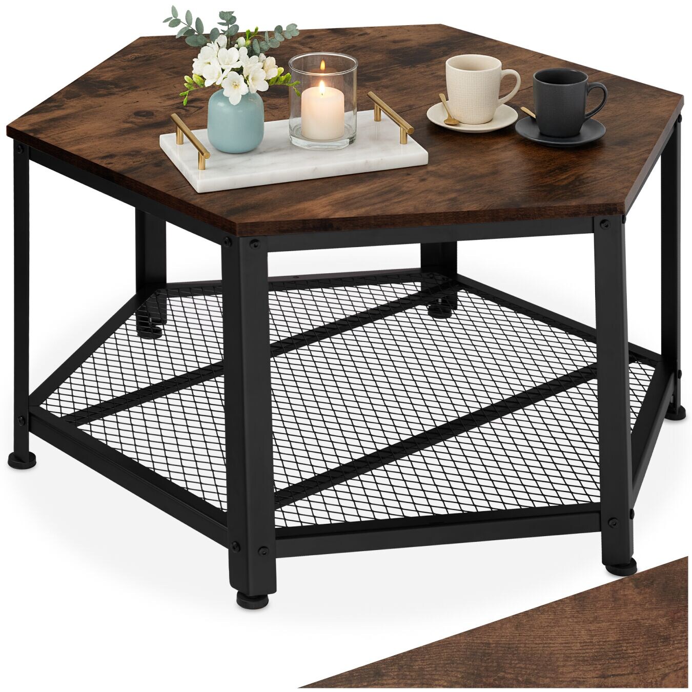 tectake® Couchtisch, Industrial Style, sechseckig mit Gitterablage, 86,5 x 75 x 46,5 cm